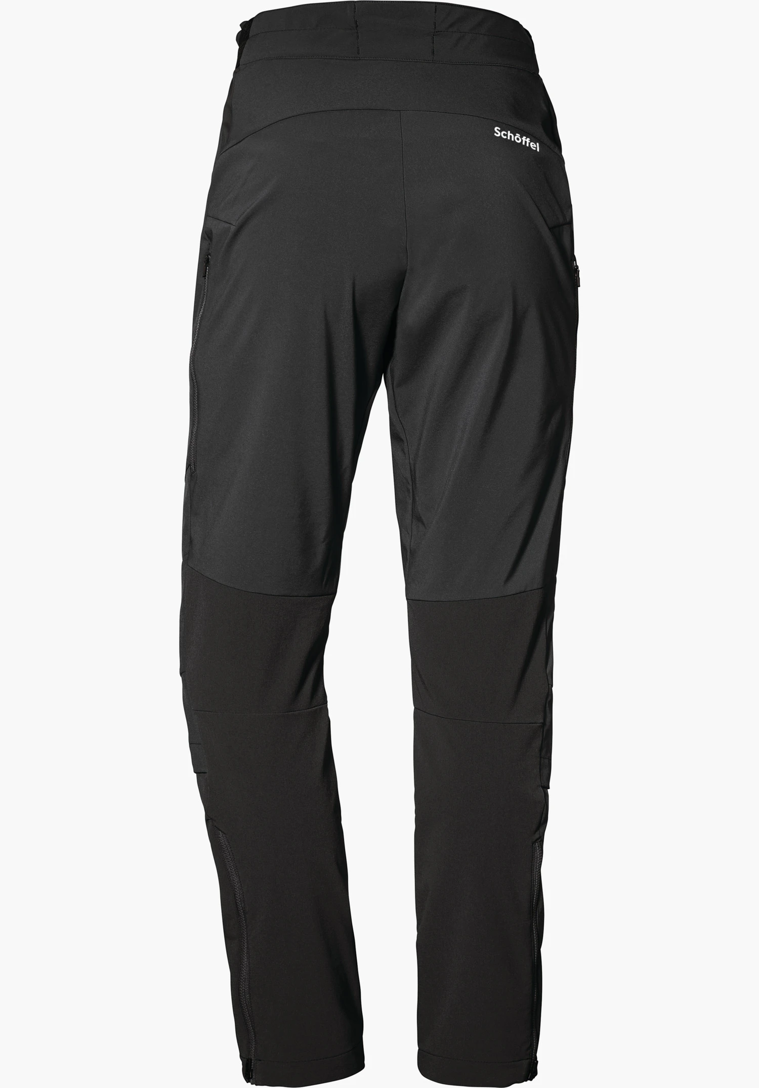 Hybrid Pants Tree Run L Pantalon outdoor noir, vue de dos; poches latérales zippées, genoux renforcés, taille élastique. Texte : Schöffel. Fond blanc.
