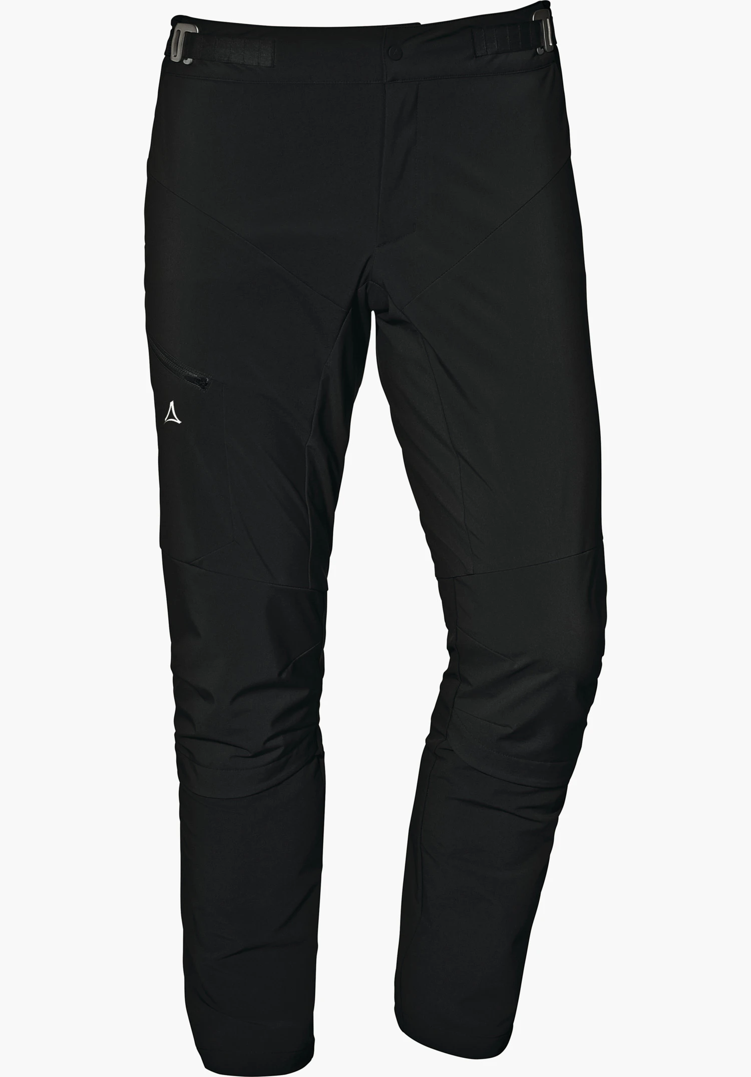 Hybrid Pants Tree Run M Zwarte MTB-softshellbroek, frontaal gepresenteerd; Schöffel-logo in wit op de linker dij; verstelbare taille en voorgevormde knieën; vrijstaand tegen witte achtergrond.