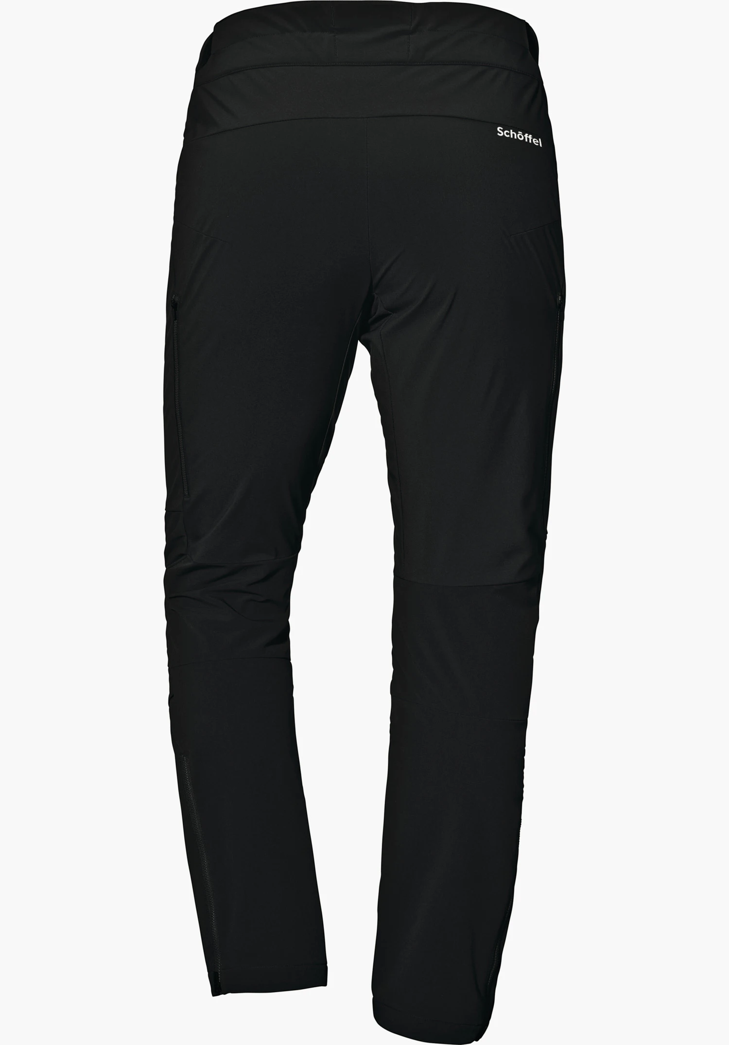 Hybrid Pants Tree Run M zwarte outdoorbroek, achteraanzicht; ritszakken op de bovenbenen, getailleerde tailleband, witte achtergrond. Tekst: Schöffel.