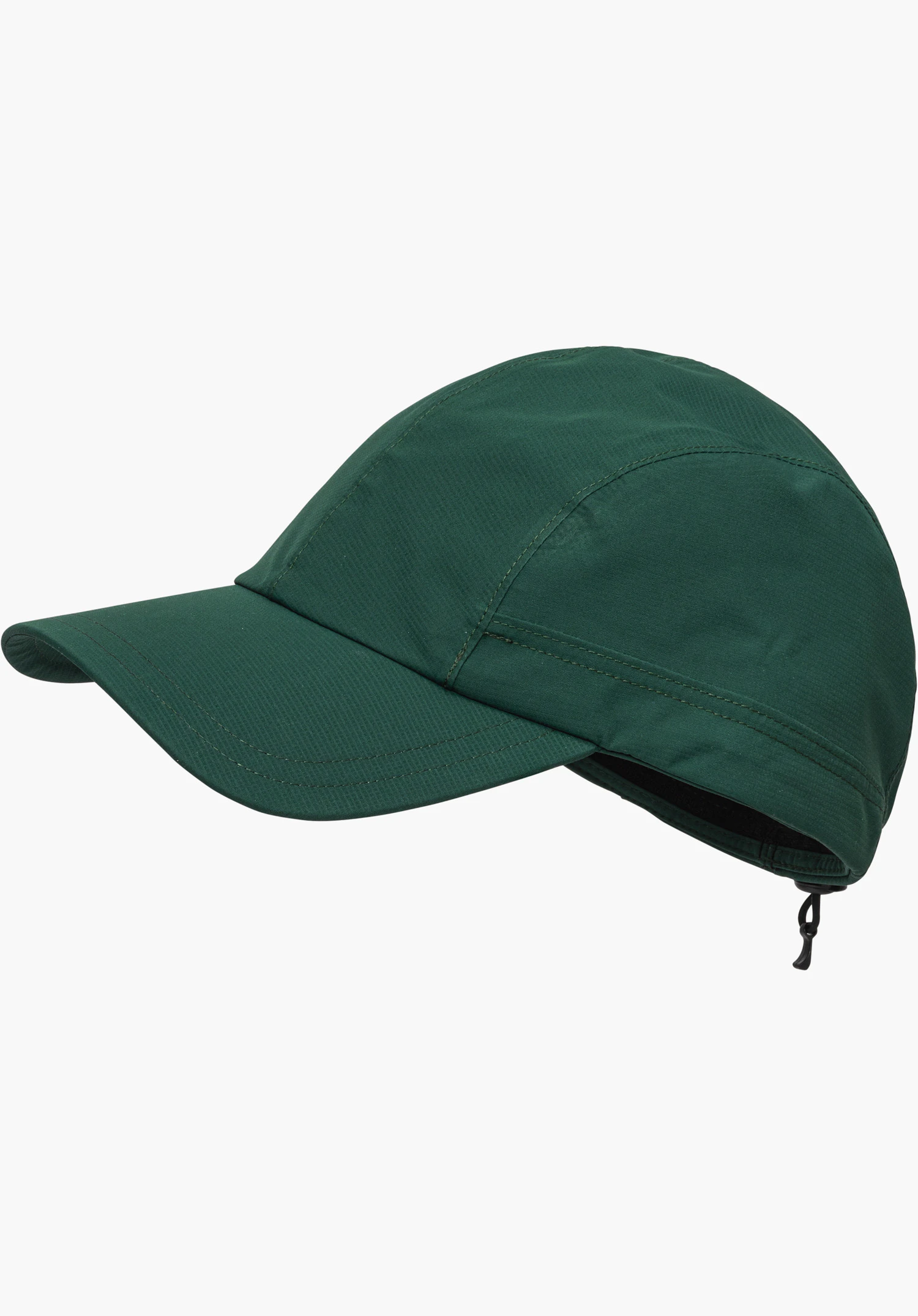 Rain Cap3 in het groen met een gebogen klep en een trekkoord aan de achterkant, vrijstaand tegen een witte achtergrond.
