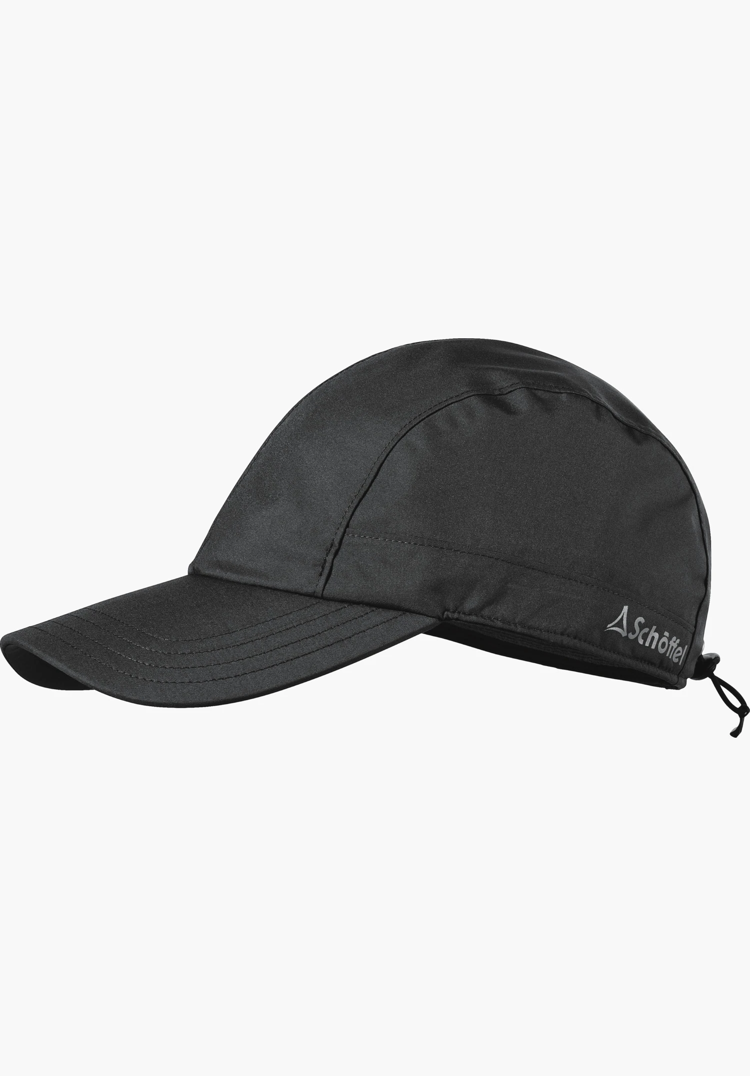 Rain Cap3 in Schwarz mit sichtbarem Schöffel-Logo an der Seite, freigestellt vor weißem Hintergrund.