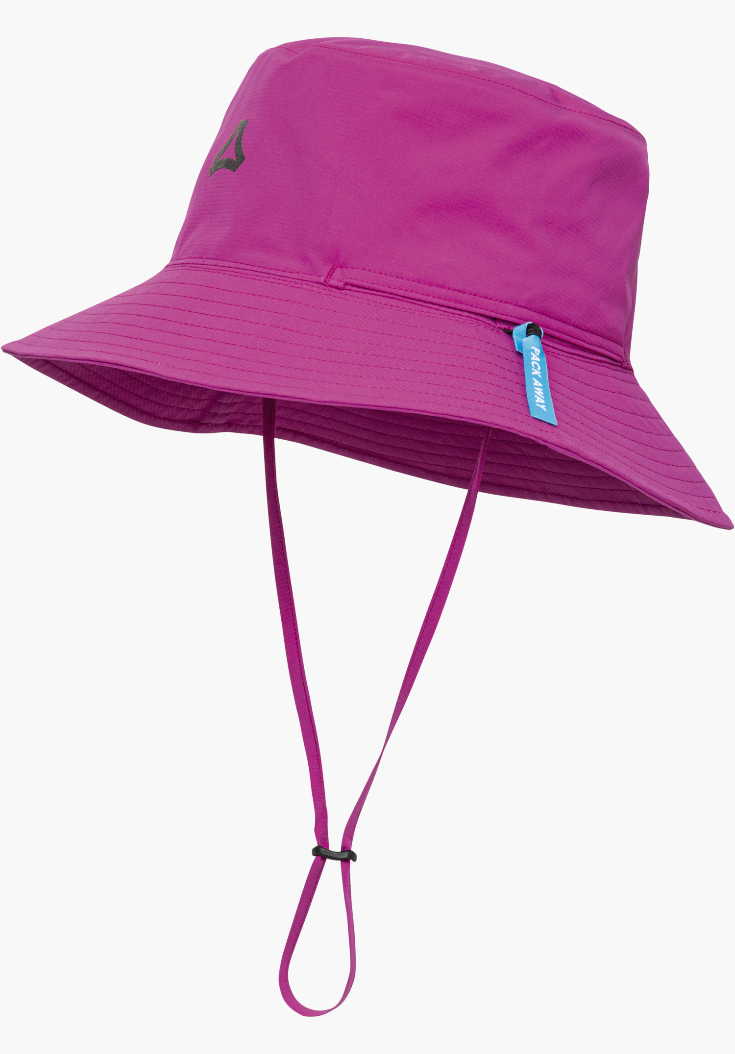 Rain Hat4 in Pink mit schwarzem Schöffel-Logo, Kinnkordel und einem blauen Pack-Away-Label, freigestellt vor weißem Hintergrund.