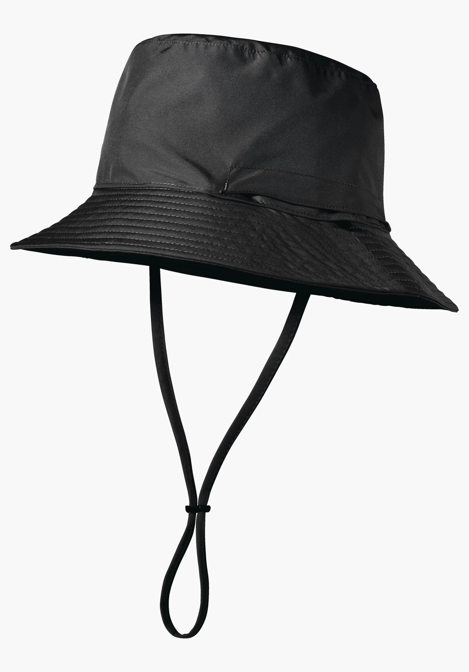 Rain Hat4 in Schwarz, mit breiter, abgesteppter Krempe und verstellbarem Kinnband, freigestellt vor weißem Hintergrund.