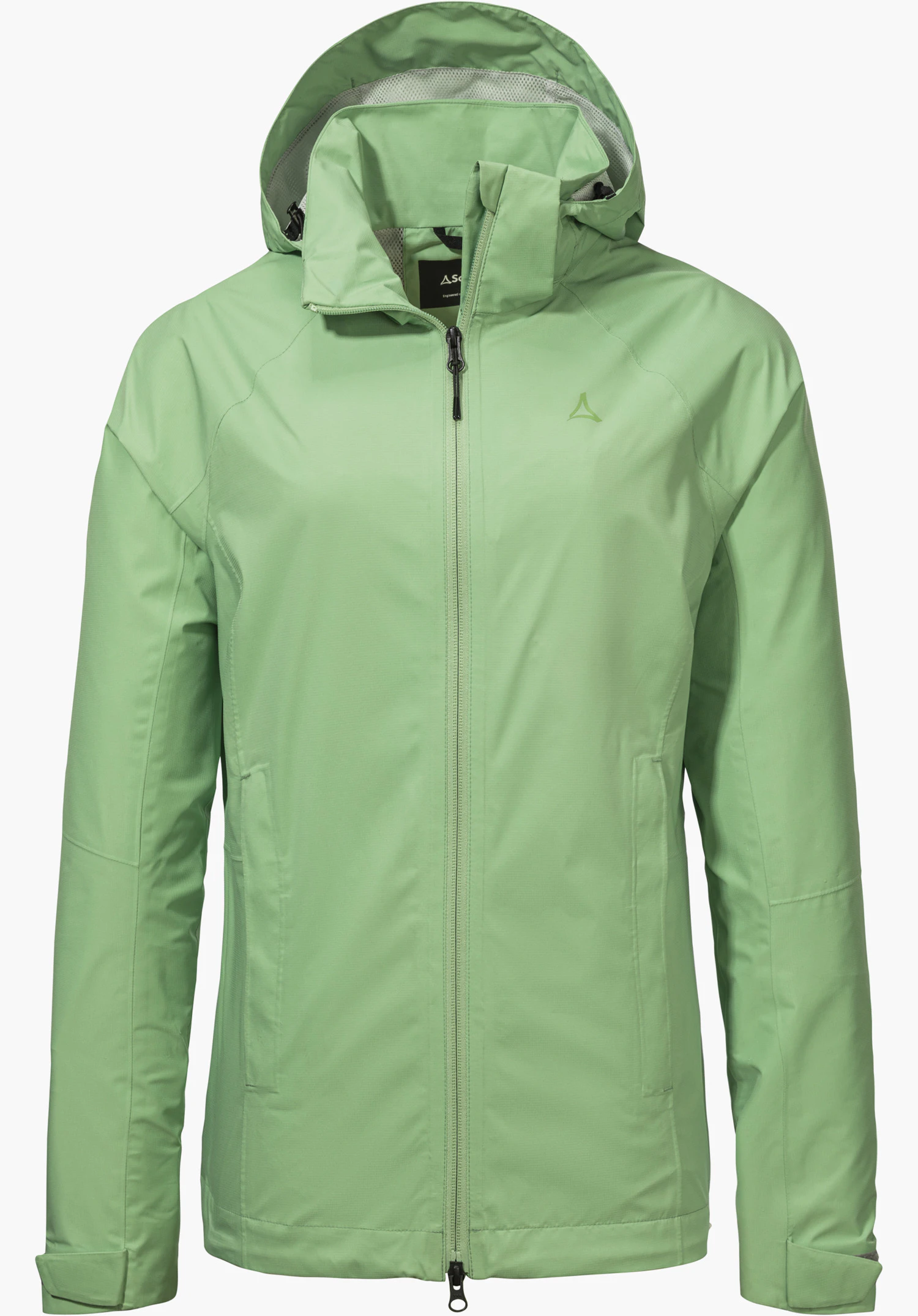 Jacket Easy XT L en vert avec capuche, zip frontal et logo Schöffel sur la poitrine, détourée sur fond blanc.