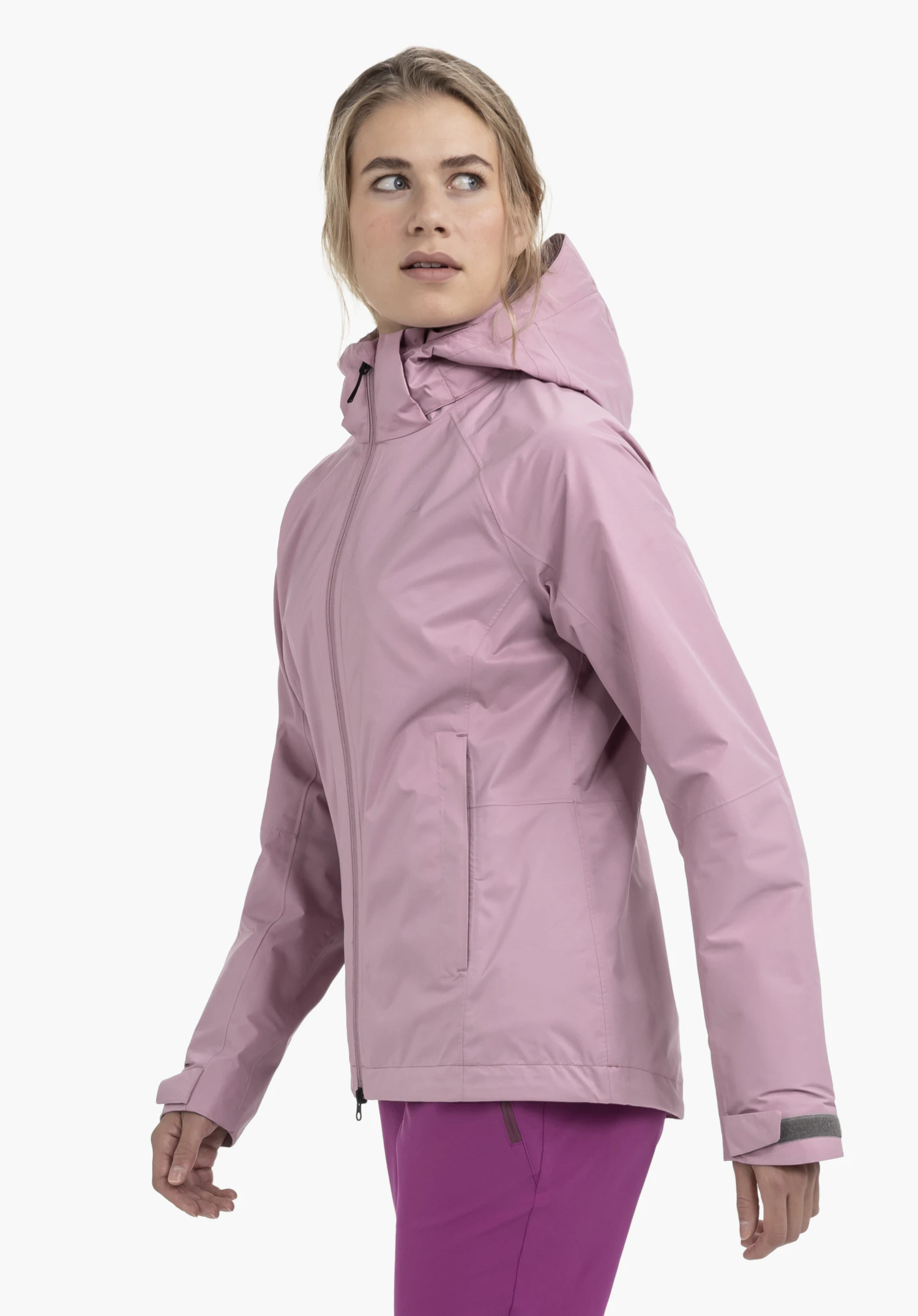 Jacket Easy XT L in de kleur roze. Het model staat zijwaarts en presenteert de gesloten jas tegen een neutrale achtergrond.