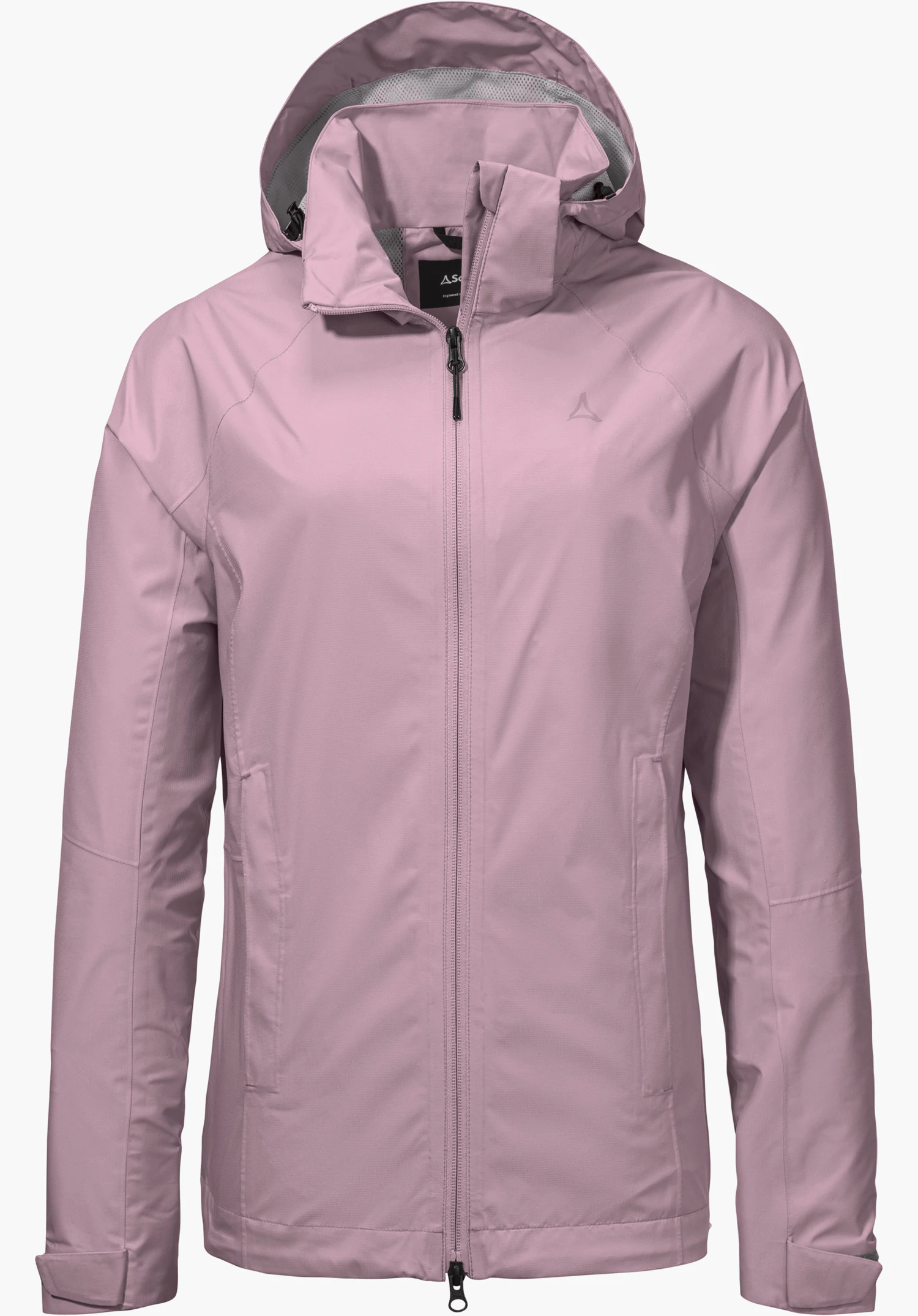 Jacket Easy XT L met focus op het subtiele Schöffel-logo op de borst en de fijne structuur van de roze stof, close-up voor een witte achtergrond.