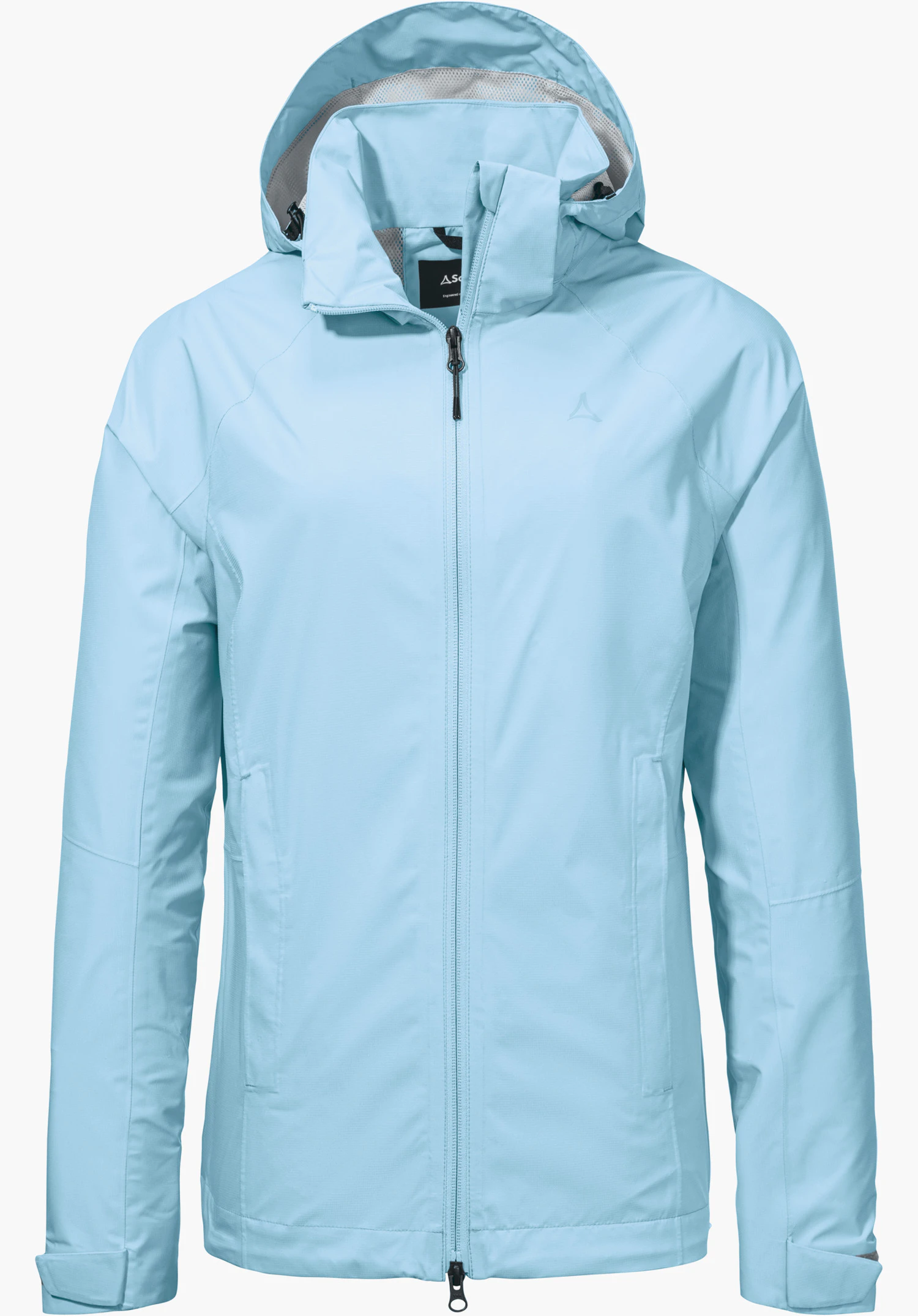 Jacket Easy XT L in lichtblauw met opstaande kraag, capuchon en subtiel Schöffel-logo op de borst vrijstaand tegen een witte achtergrond.