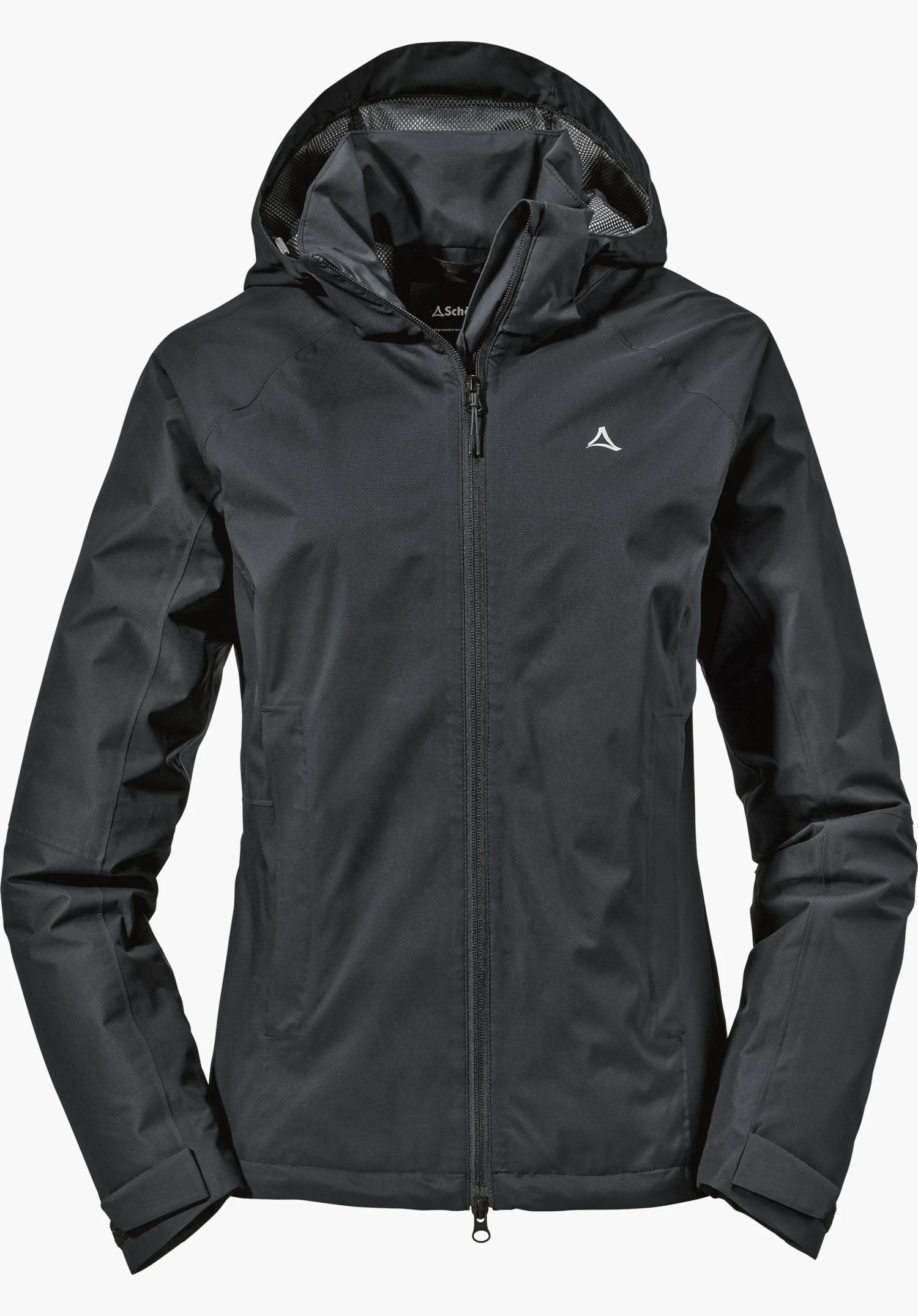 Jacket Easy XT L features the white Schöffel logo on the chest and the front zip set in the black fabric as a close-up against a white/neutral background.