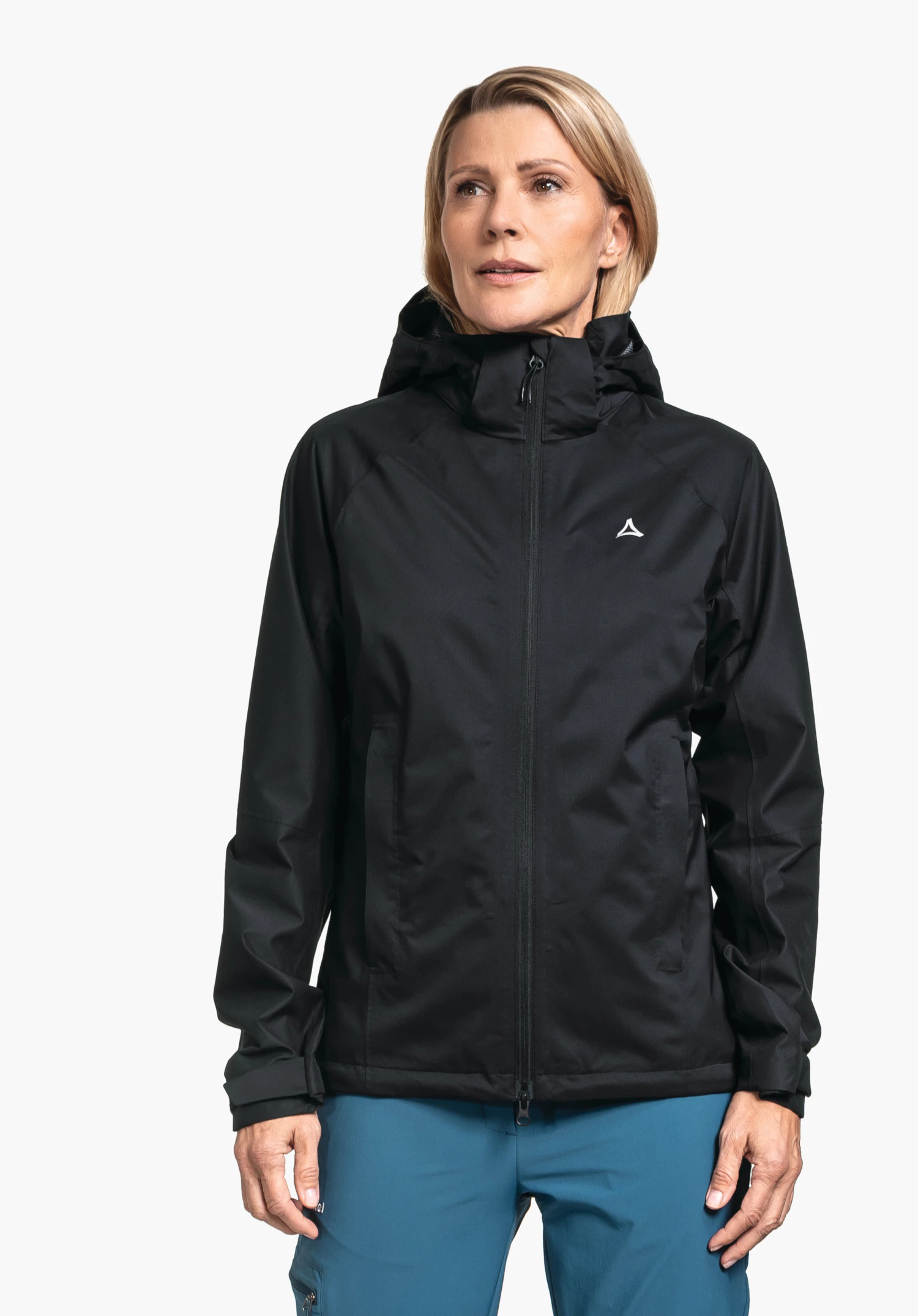 Jacket Easy XT L. A model stands facing forward wearing the black jacket with a visible Schöffel logo on the left chest. Presented against a neutral background.