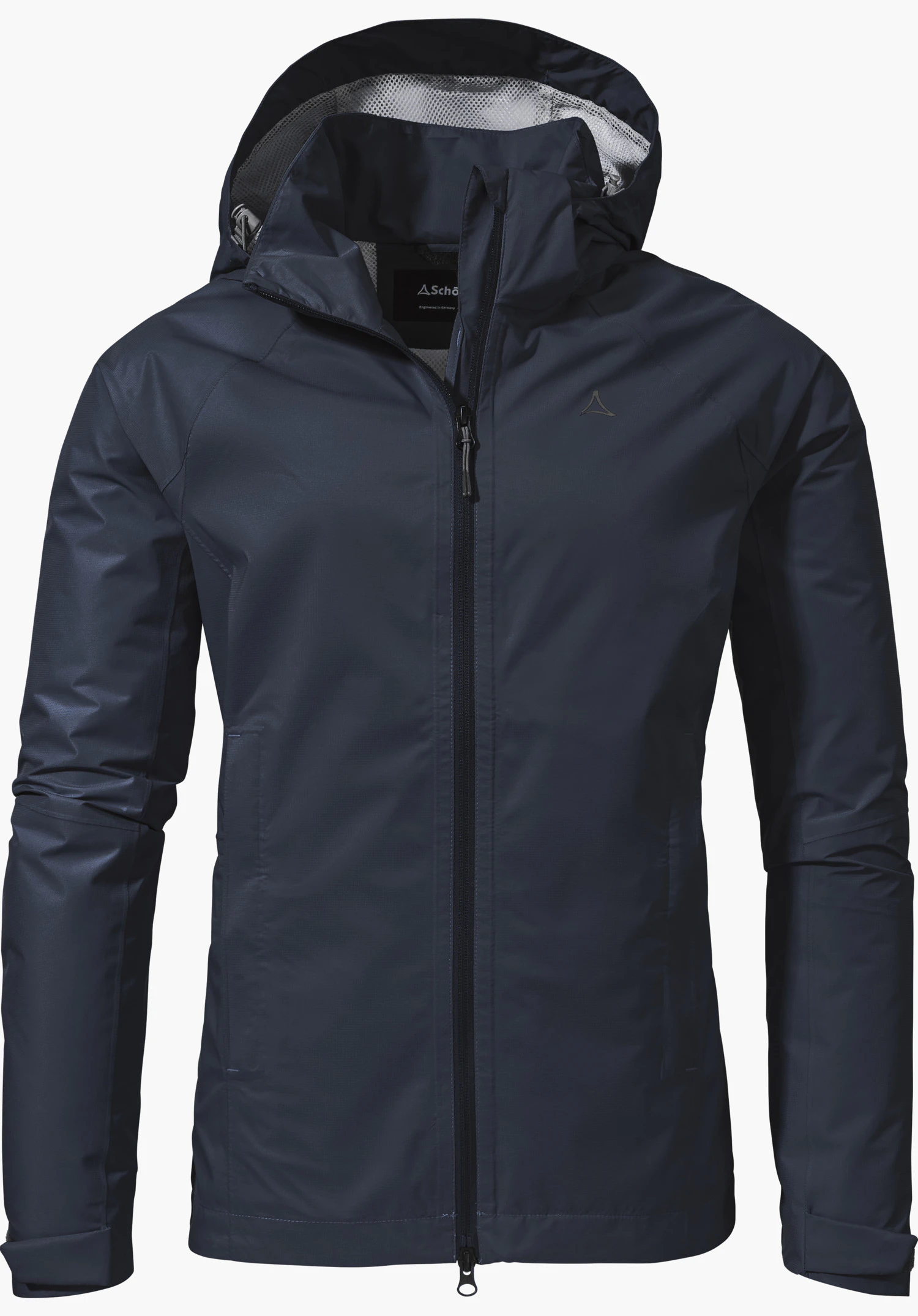 Jacket Easy XT L shows the Schöffel logo on the chest and the front zip on the blue fabric as a close-up against a white/neutral background.