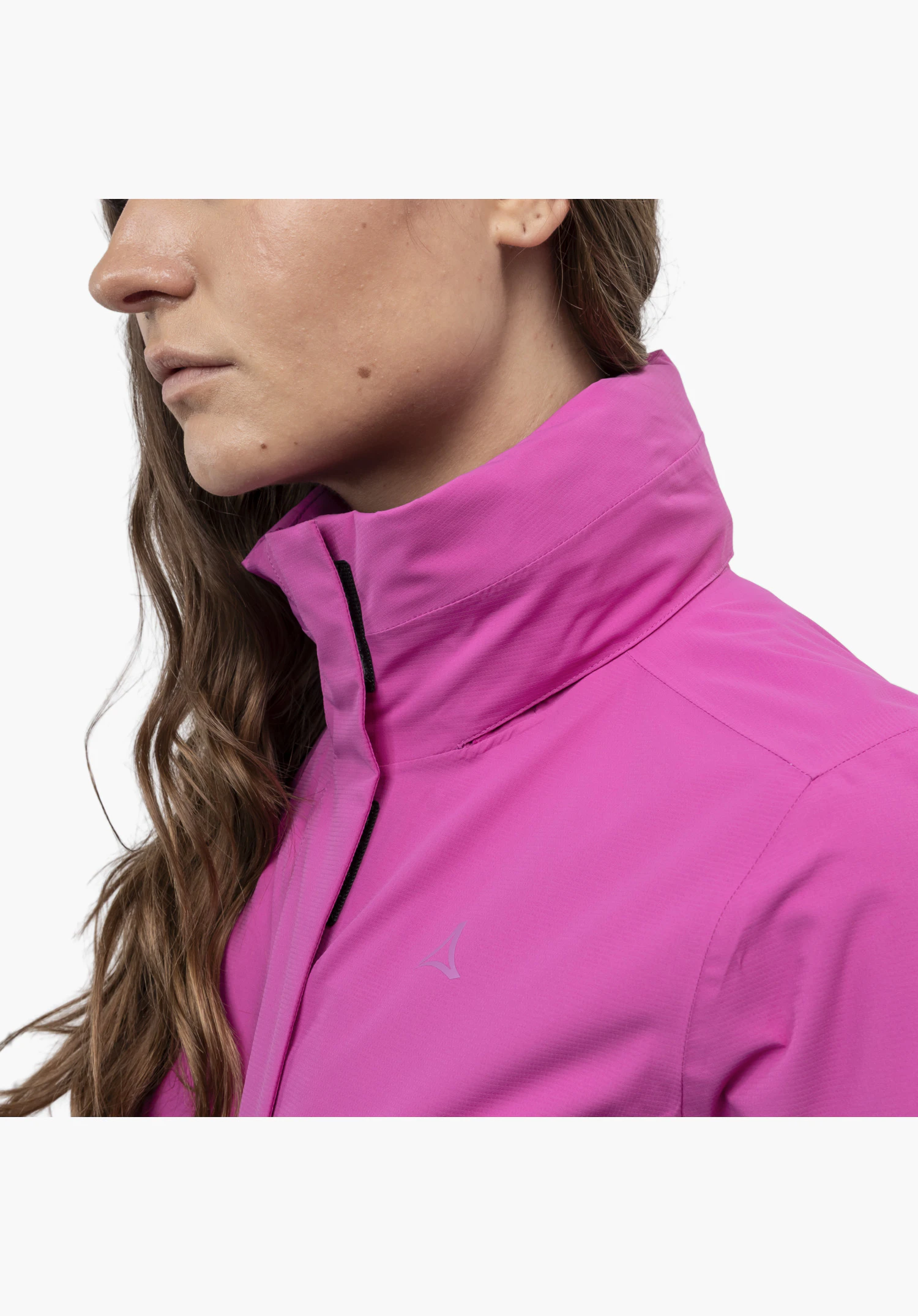 Jacket Gmund L, focusing on the high stand-up collar, the zip flap, and the subtle Schöffel logo on the pink fabric, close-up against a white/neutral background.