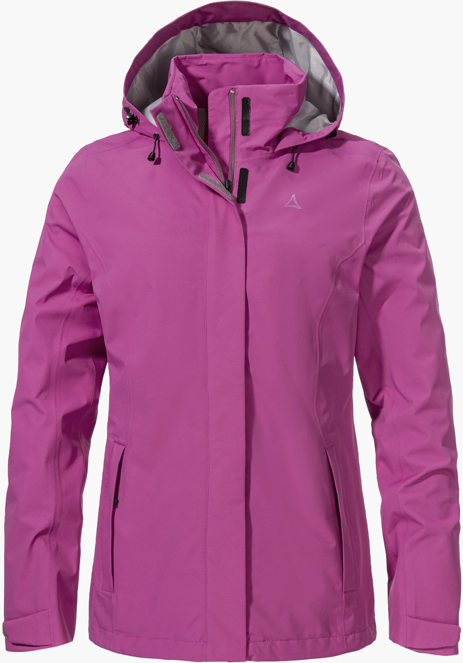 Jacket Gmund L, a functional jacket in pink with a hood, covered front zip and Schöffel logo on the chest, isolated on a white background.