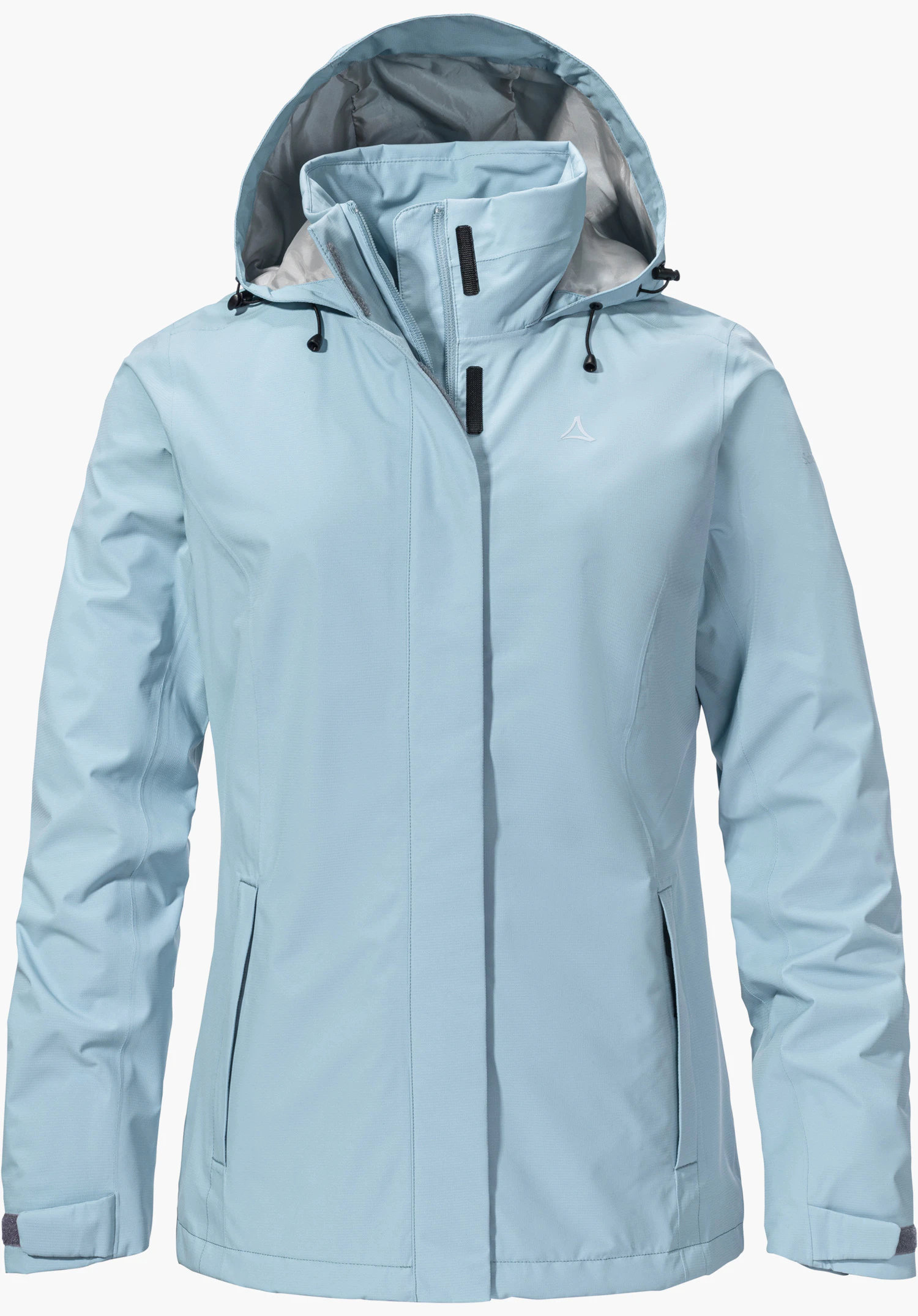 Jacket Gmund L en bleu avec capuche, zip frontal dissimulé et logo Schöffel visible sur la poitrine détouré sur fond blanc.
