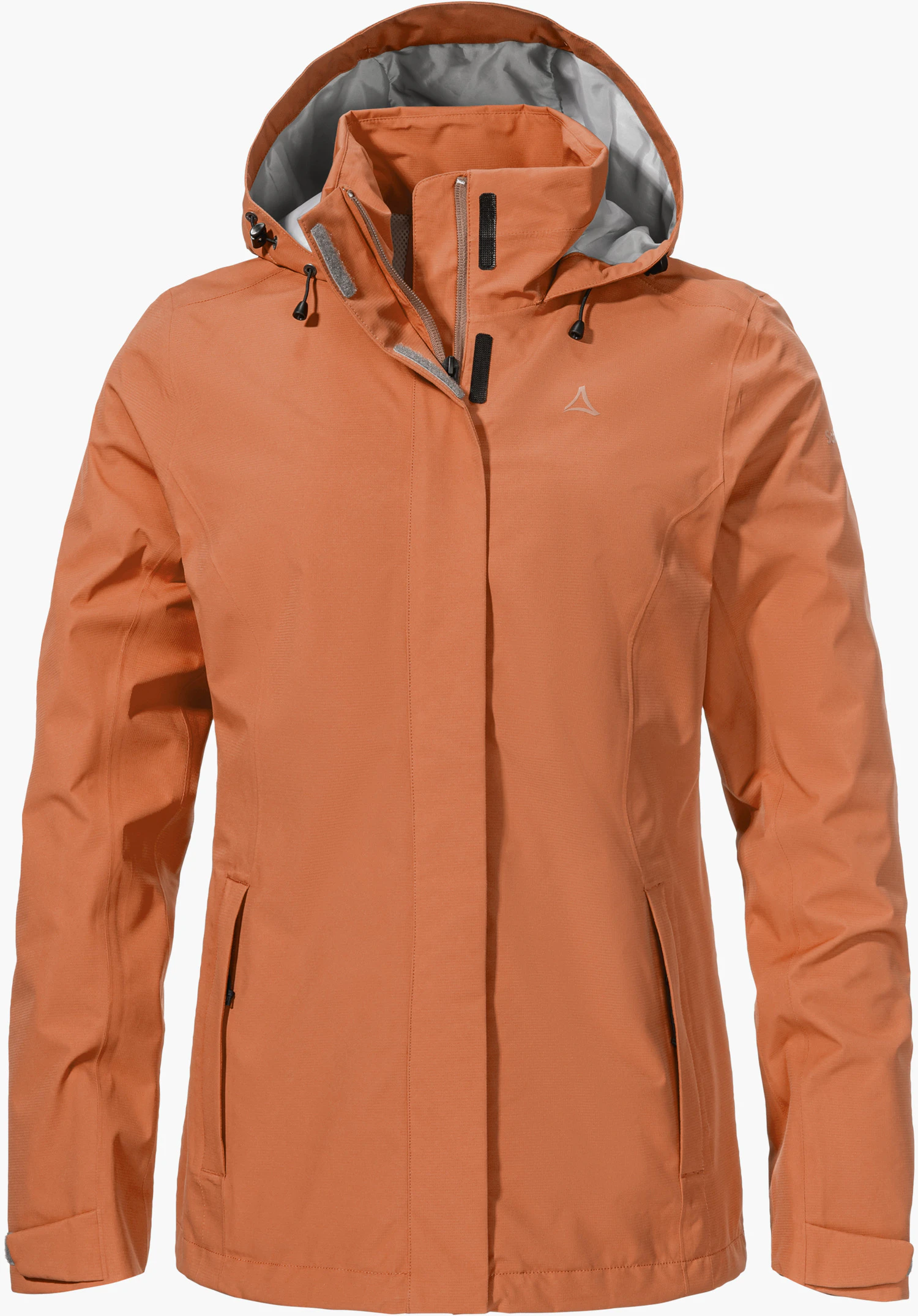 Jacket Gmund L in oranje met capuchon, ritsafdekking en Schöffel-logo op de borst, vrijstaand tegen een witte achtergrond.