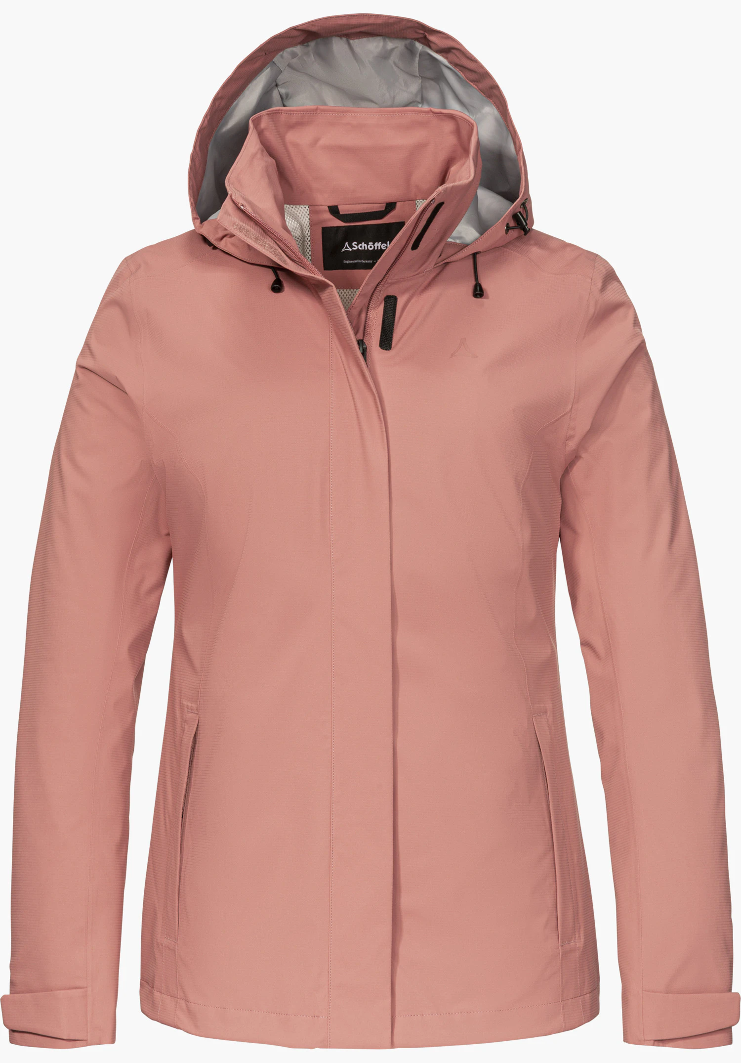 Jacket Gmund L rain jacket in pink with a hood and visible Schöffel lettering in the collar area, isolated on a white background.