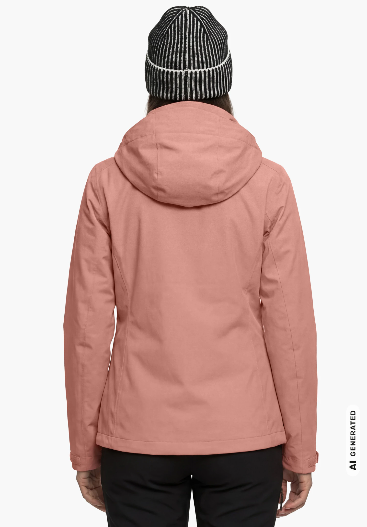 Jacket Gmund L in roze, gedragen door een vrouwelijk model dat rechtop staat en van achteren wordt getoond met de armen langs het lichaam tegen een witte achtergrond. (AI-gegenereerd)