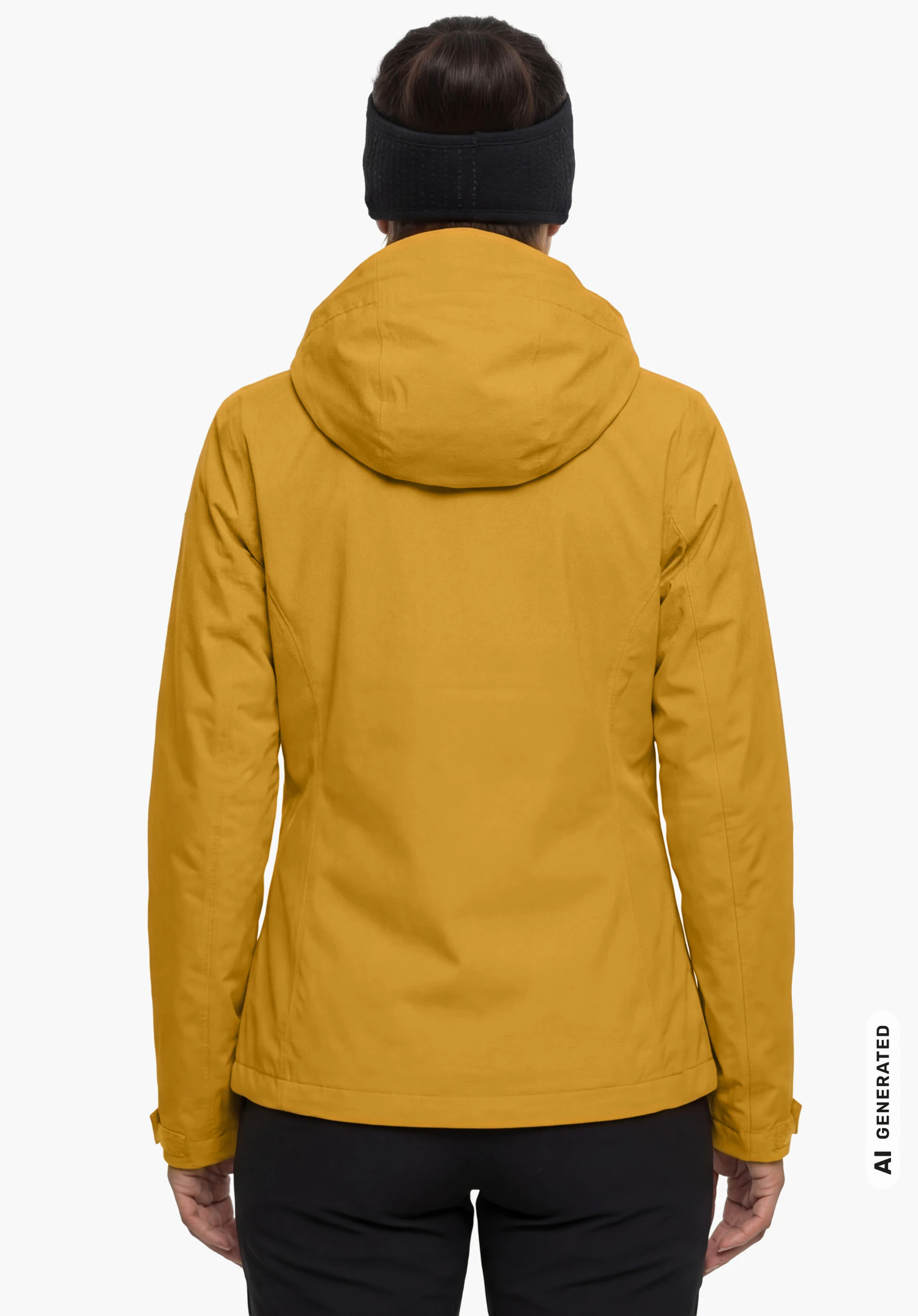 Jacket Gmund L in geel, gedragen door een vrouwelijk model dat rechtop staat en van achteren wordt getoond met de armen langs het lichaam tegen een witte achtergrond. (AI-gegenereerd)