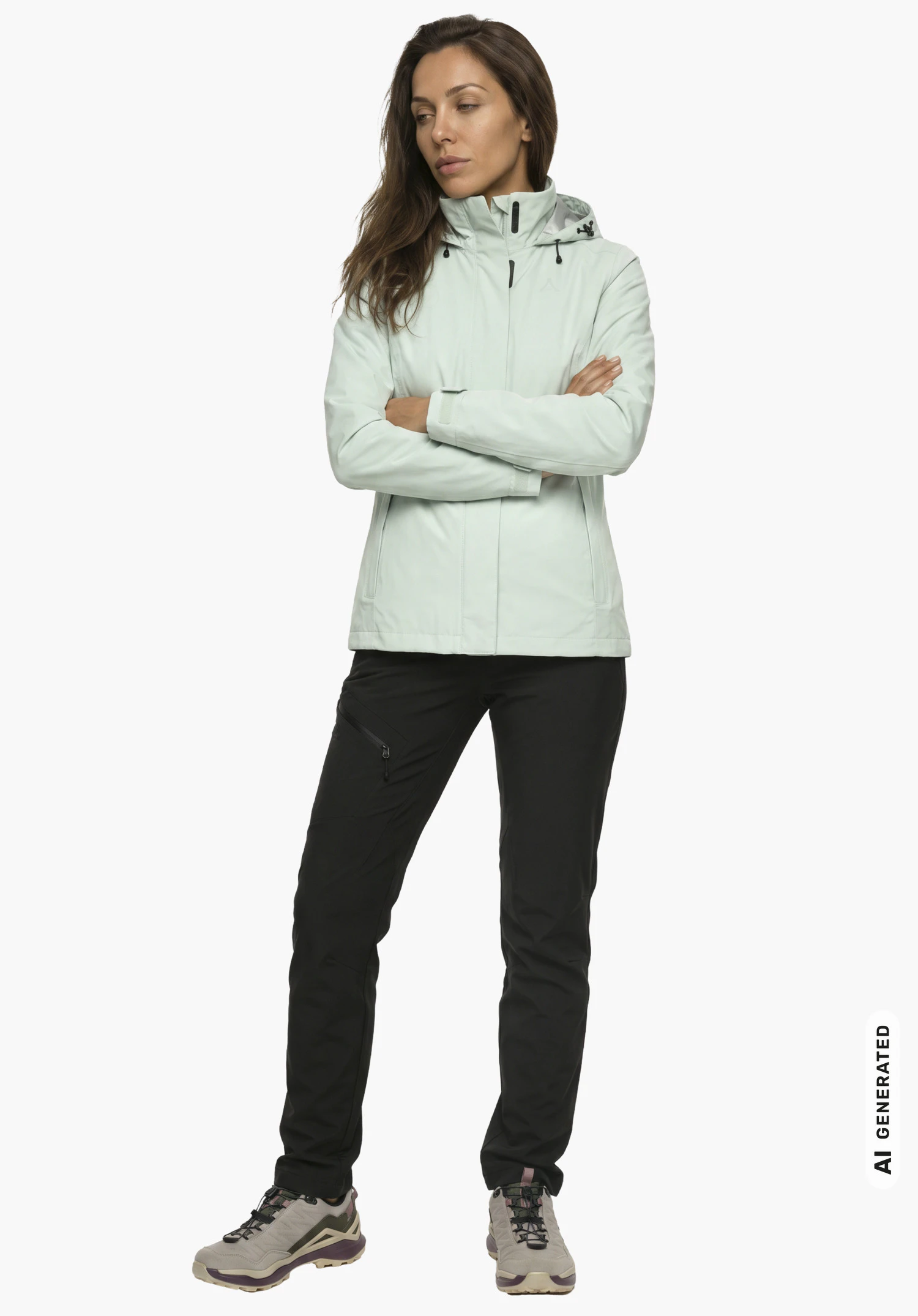 Jacket Gmund L in groen, gedragen door een vrouwelijk model met gekruiste armen in licht zijaanzicht tegen een witte achtergrond. (Door AI gegenereerd)