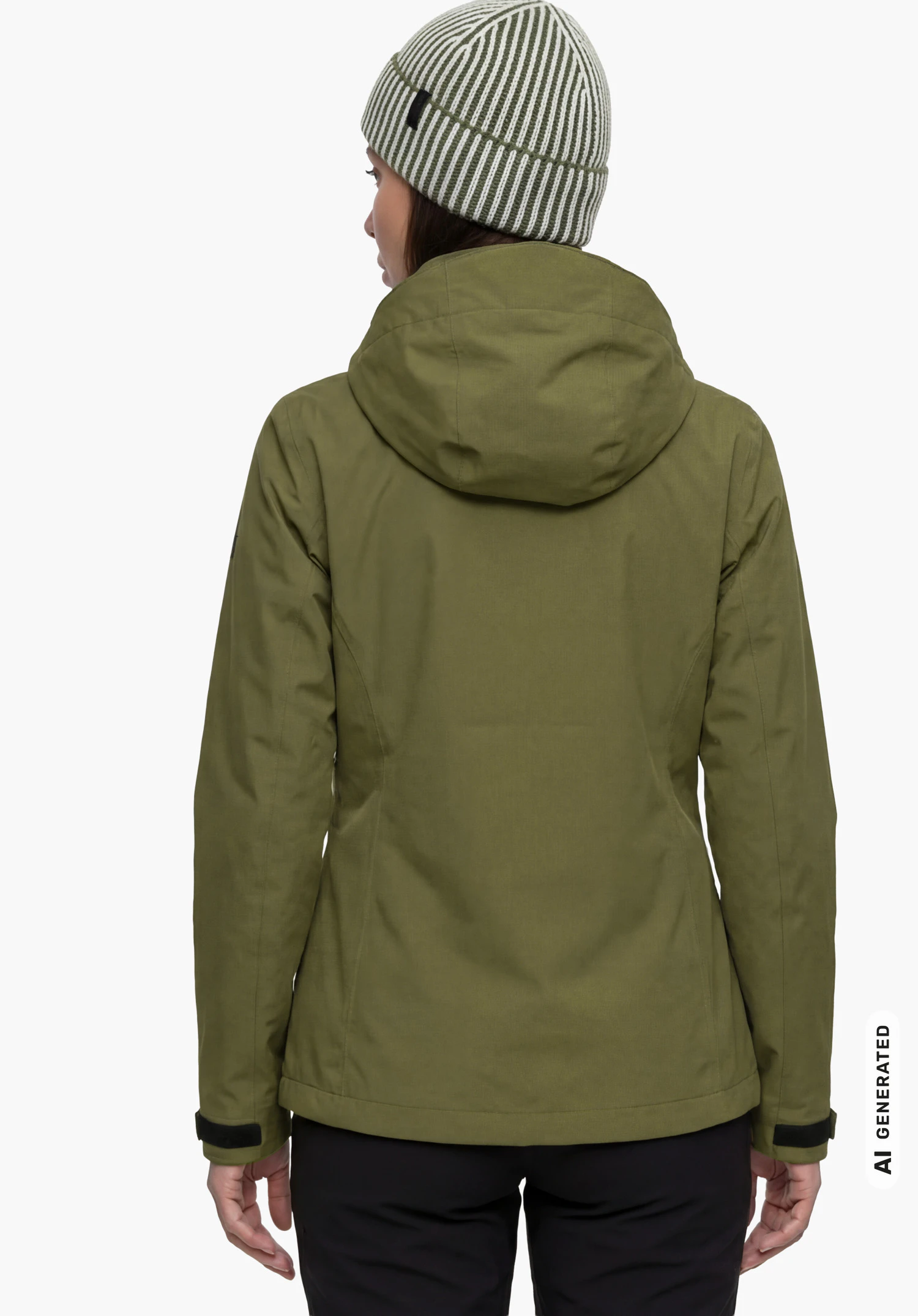 Jacket Gmund L in groen, gedragen door een vrouwelijk model dat rechtop staat en van achteren wordt getoond met aangezette capuchon tegen een witte achtergrond. (AI-gegenereerd)