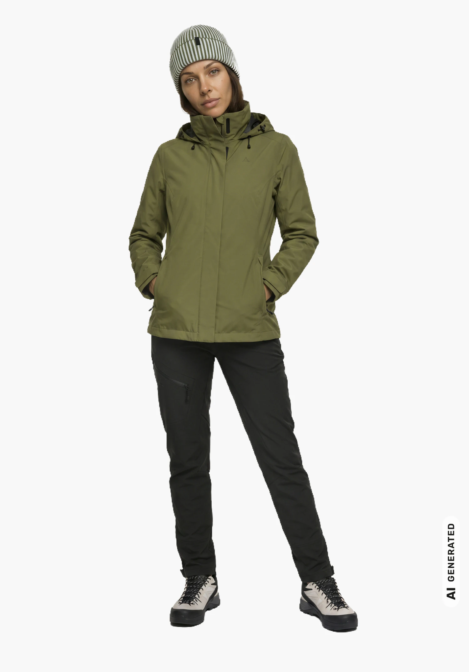 Jacket Gmund L in het groen, gedragen door een vrouwelijk model met handen in de zakken in lichte zijaanzicht tegen een witte achtergrond. (Door AI gegenereerd)