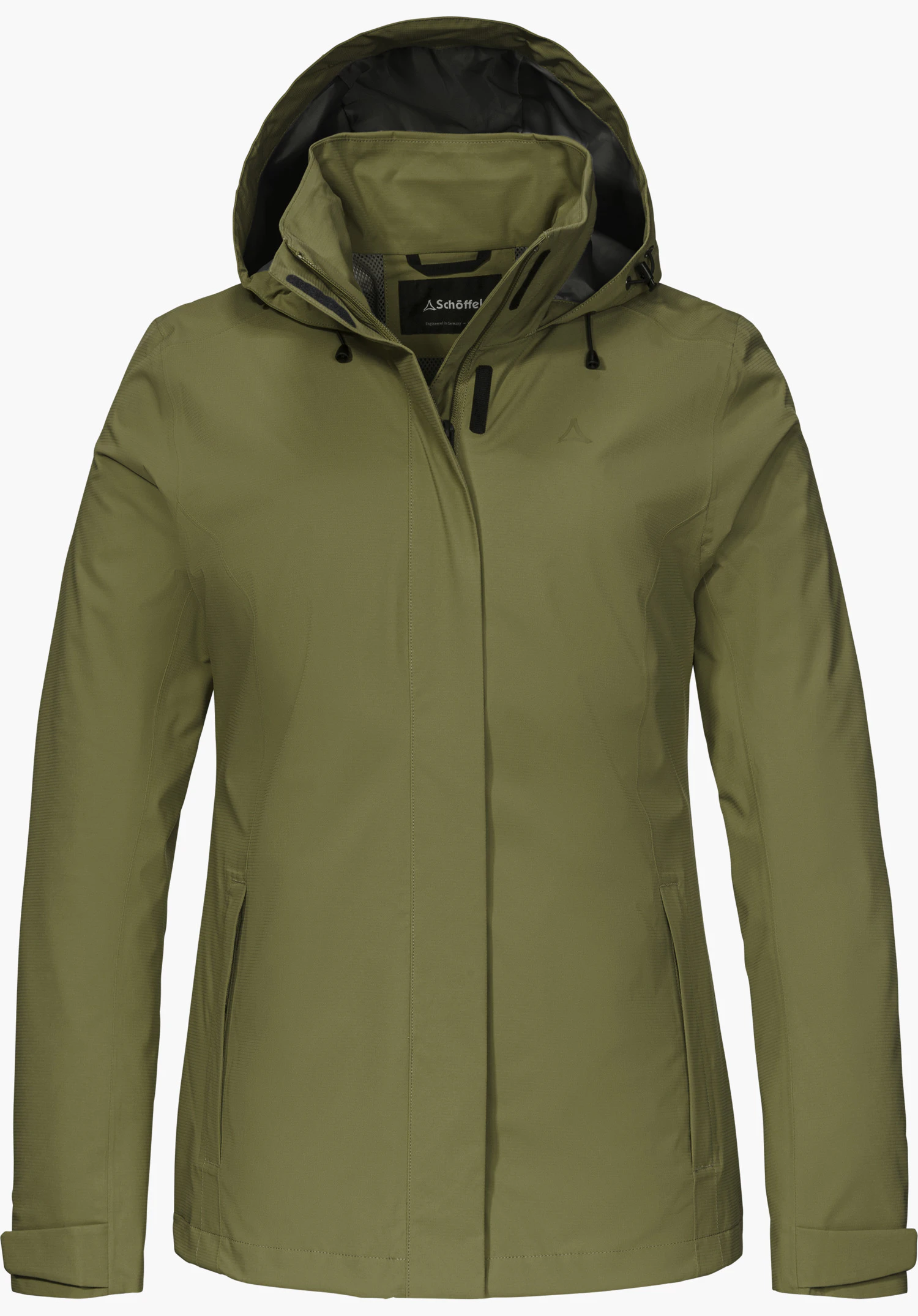 Jacket Gmund L regenjas in groen met capuchon, ritssluiting aan de voorkant, Schöffel-opschrift bij de kraag en Schöffel-logo op de borst, vrijstaand op een witte achtergrond.