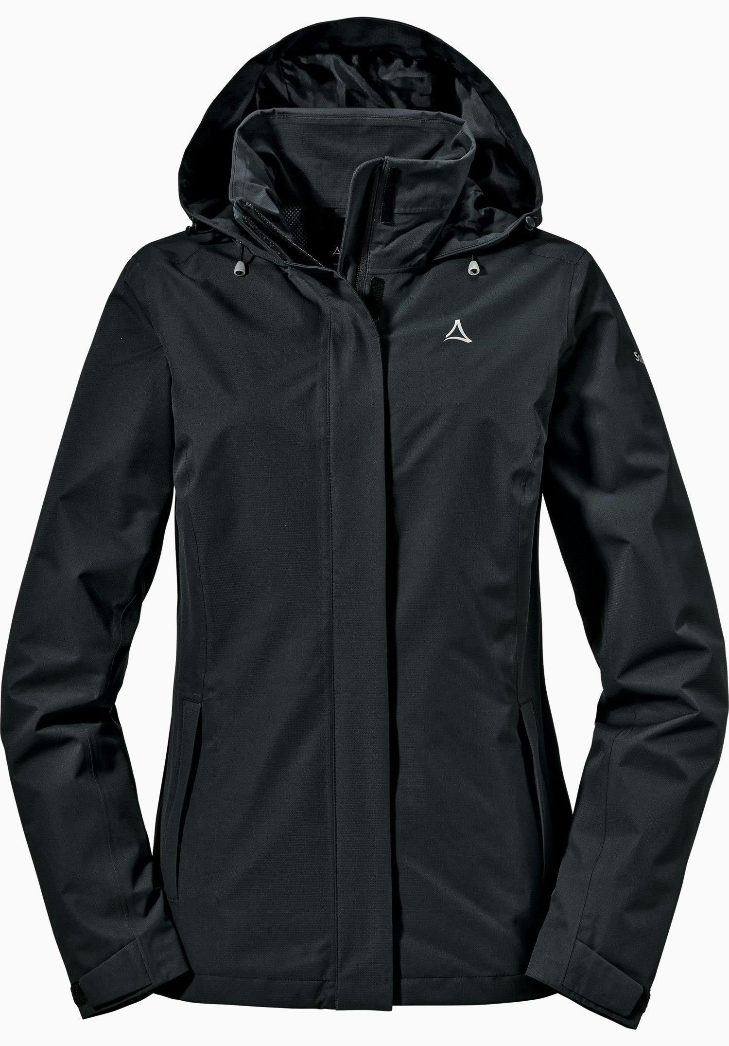 Jacket Gmund L veste de pluie gris foncé avec capuche; présentée de face, fermeture éclair fermée sous patte coupe-vent, logo Schöffel sur la poitrine gauche, sur fond blanc neutre.