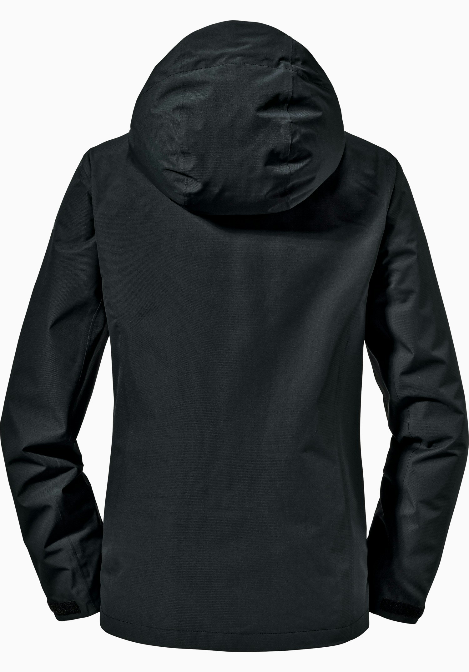 Jacket Gmund L schwarze Kapuzenjacke, Rückansicht; ruhig präsentiert mit aufgesetzter Kapuze; schlichter weißer Hintergrund.