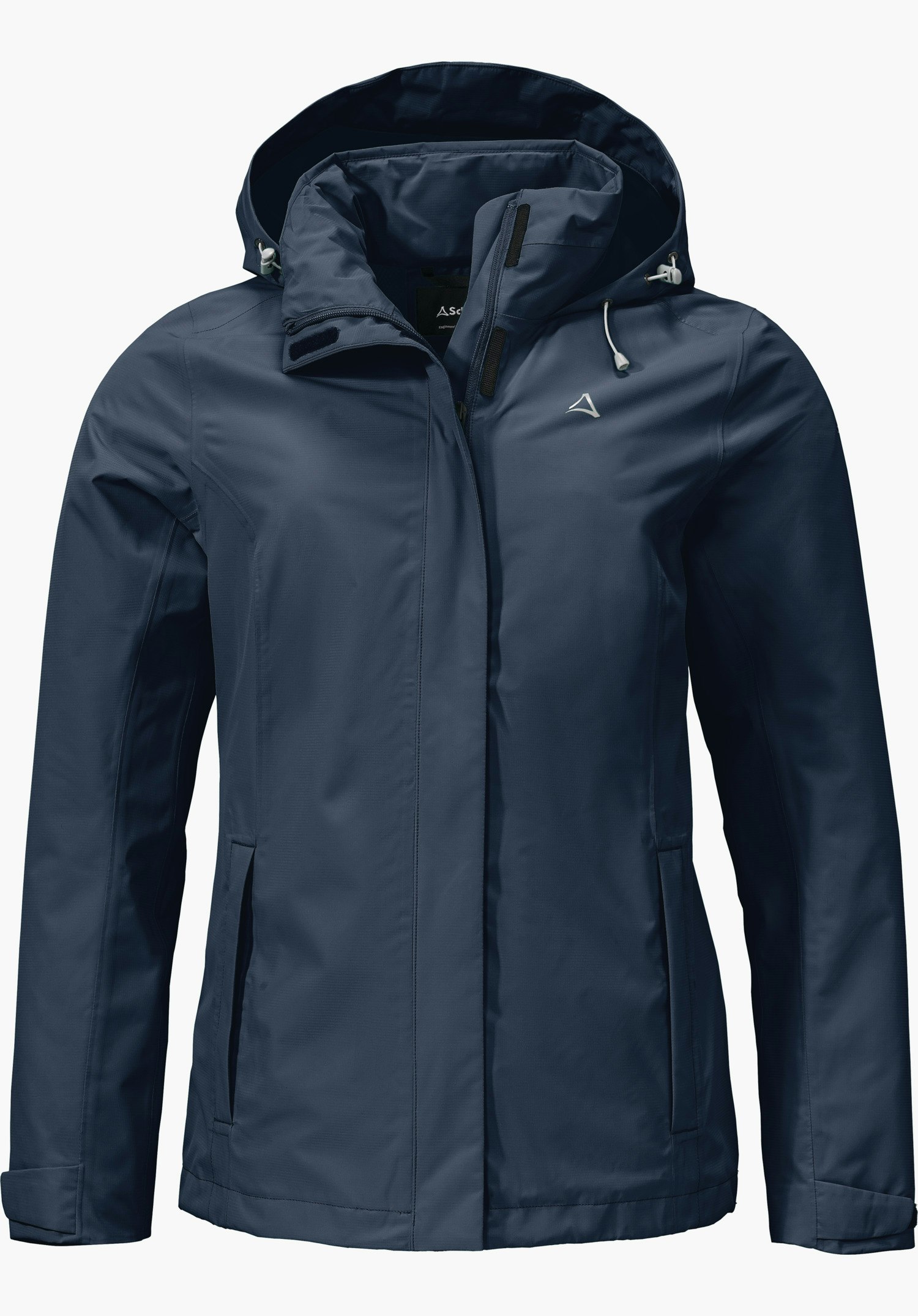 Jacket Gmund L veste de pluie bleu foncé; présentée de face, capuche relevée, fermeture éclair fermée, poches latérales; fond clair neutre; logo Schöffel visible sur la poitrine gauche.