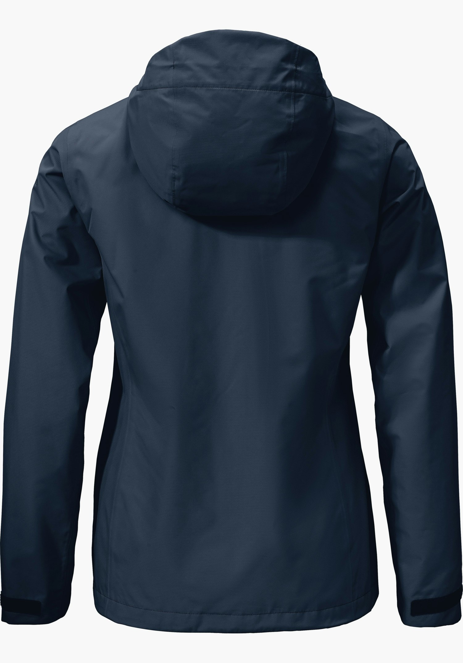 Jacket Gmund L dunkelblaue Jacke, Rückansicht, Kapuze sichtbar, Ärmel locker herabhängend; leicht taillierte Form; vor einfarbig hellem Hintergrund.