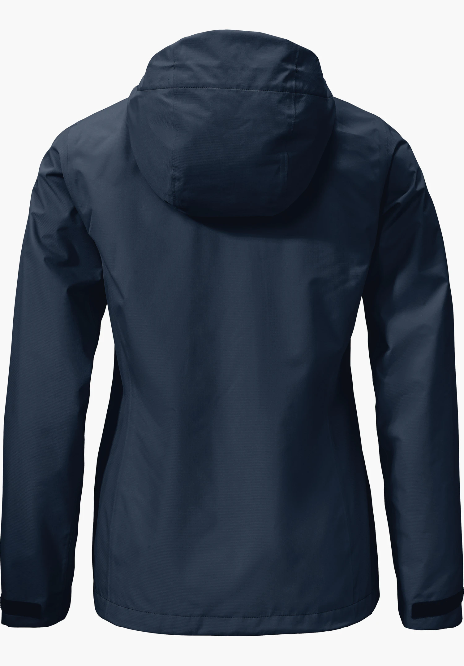 Jacket Gmund L donkerblauwe jas, achteraanzicht; capuchon zichtbaar, mouwen los omlaag; licht getailleerde vorm; effen lichte achtergrond.