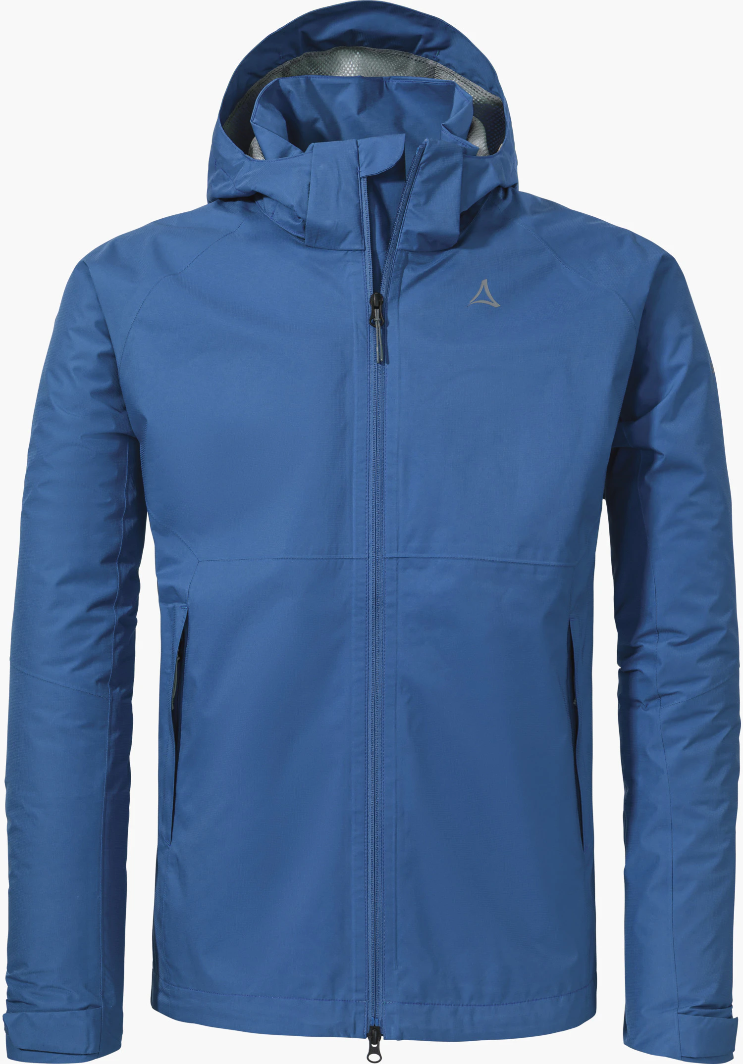 Jacket Easy XT M sous forme de veste bleue avec capuche, fermeture éclair frontale et logo Schöffel sur la poitrine, détourée sur fond blanc.