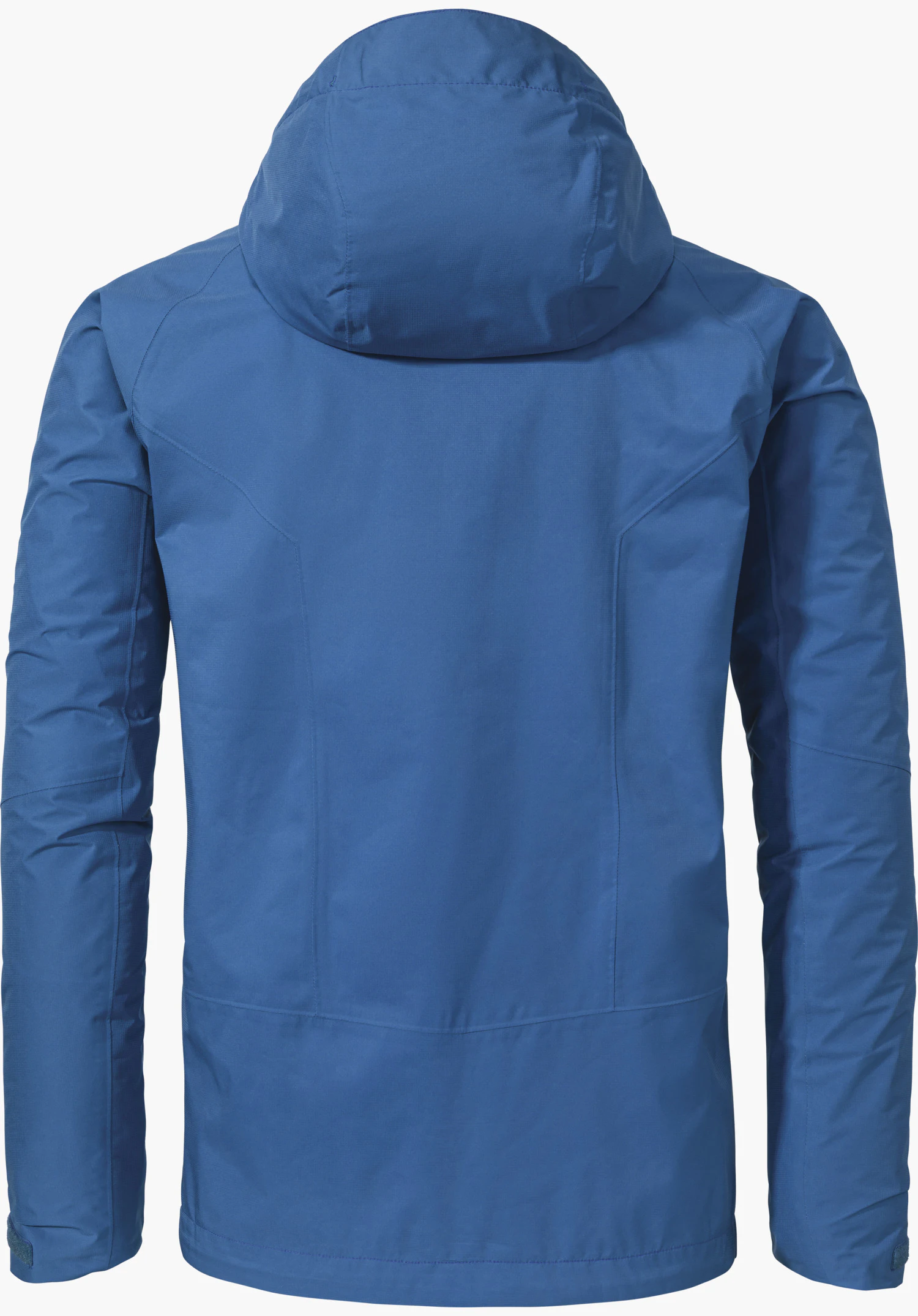 Jacket Easy XT M in blue, shown from the back featuring a hood, isolated on a white background.