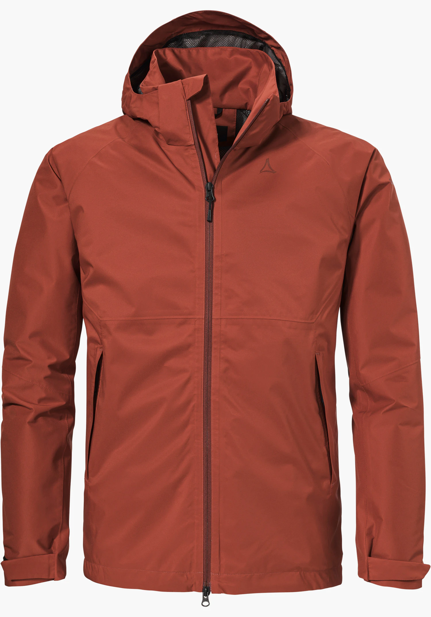 Jacket Easy XT M en rouge vue de face, avec une capuche, un zip frontal intégral et le logo Schöffel sur la poitrine gauche, détourée sur fond blanc.