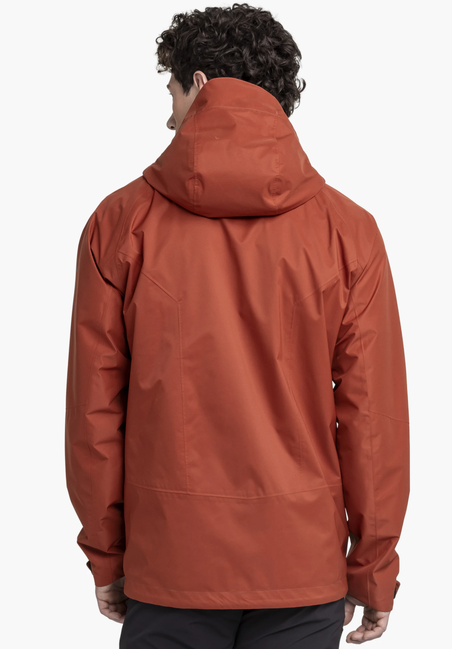 Jacket Easy XT M in red shown in a rear view with the hood up against a neutral background, Schöffel logo visible on the sleeve.