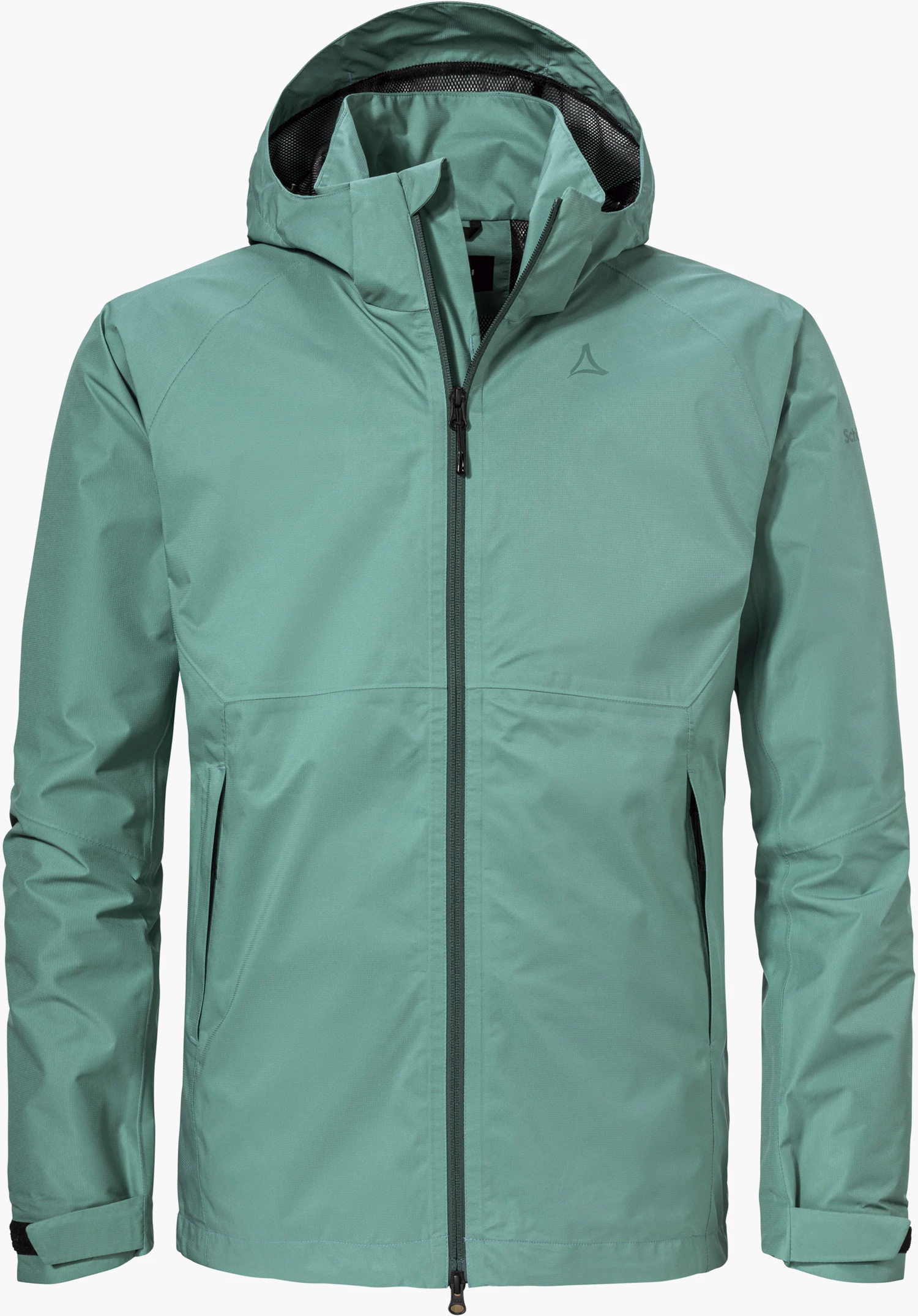 Jacket Easy XT M in het groen met een capuchon, ritssluiting aan de voorkant en Schöffel-logo op de linkerborst, vrijstaand op een witte achtergrond.