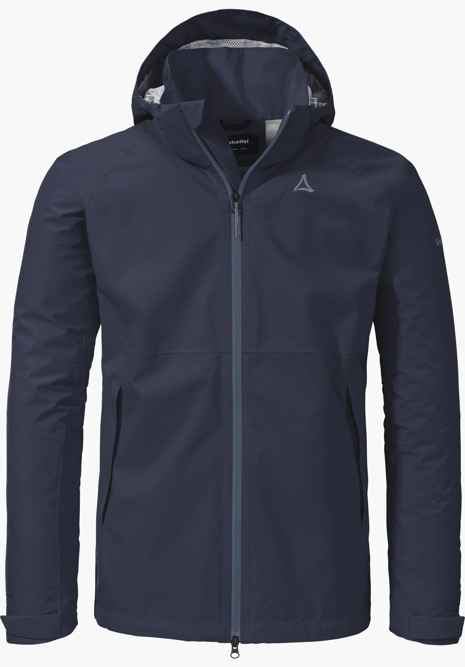 Jacket Easy XT M in blue with a hood, full-length front zip and the Schöffel logo on the left chest, isolated on a white background.