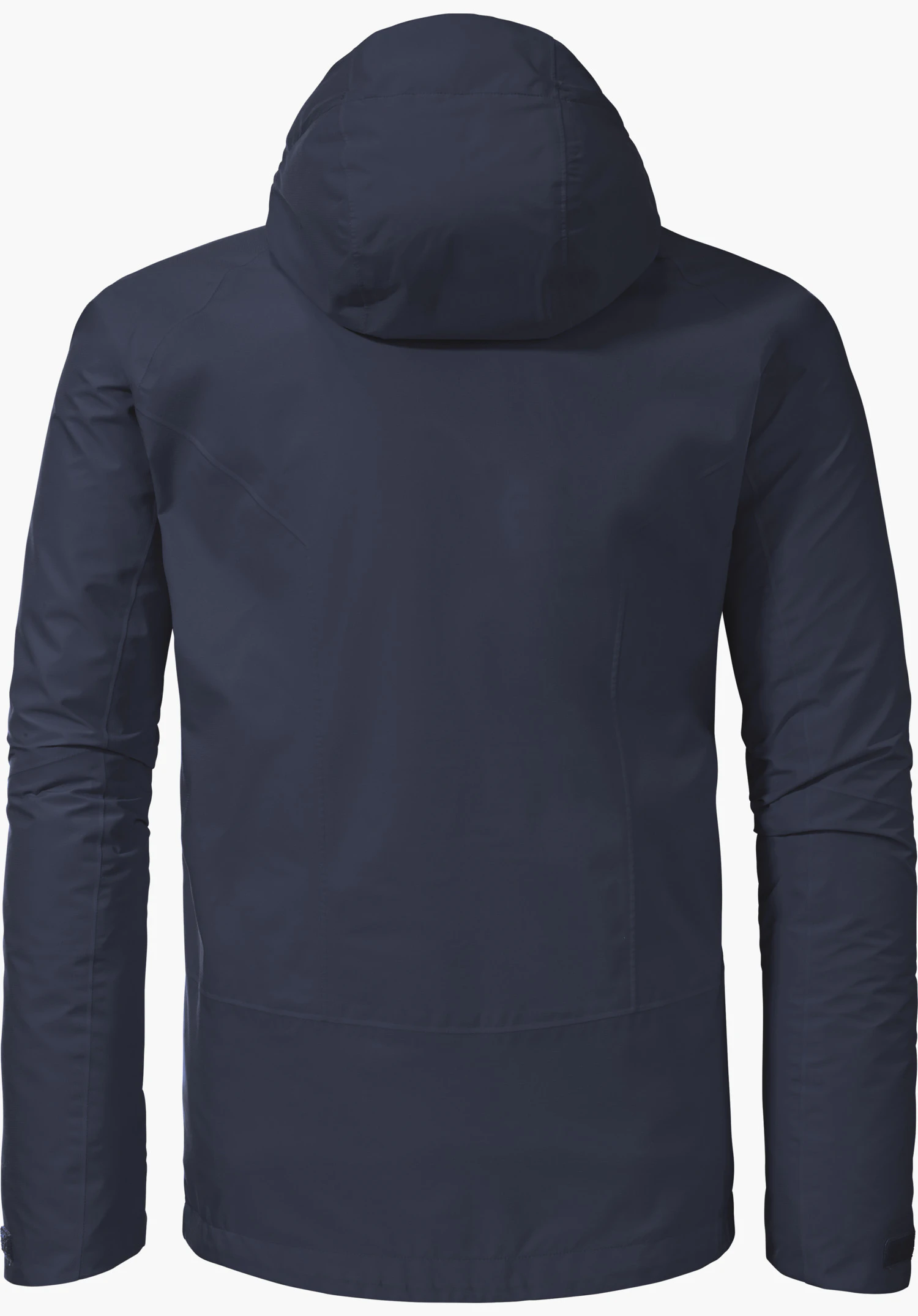 Jacket Easy XT M in blue, back view with hood and clean seams, isolated on a white background.