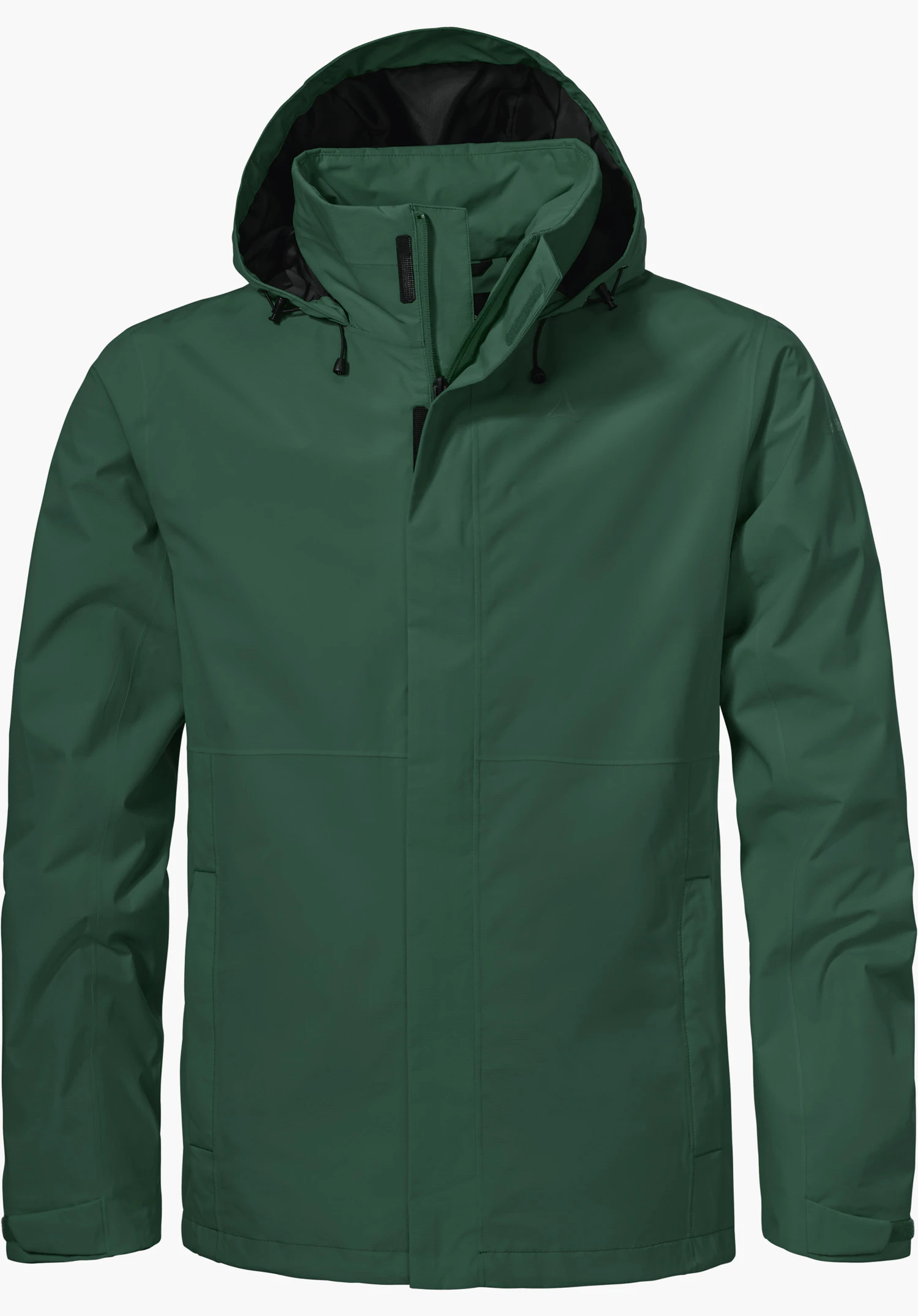 Jacket Gmund M se présente en vert avec une capuche protectrice et un discret logo Schöffel sur la poitrine gauche, détourée sur fond blanc.