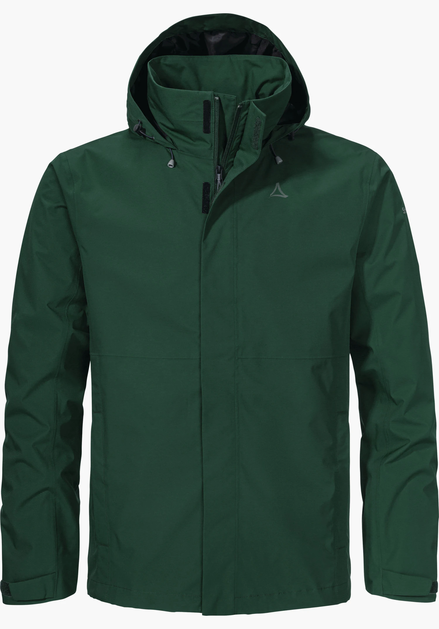 Jacket Gmund M veste de pluie vert foncé, présentée de face avec zip et patte velcro; logo Schöffel gris clair sur la poitrine; fond blanc.