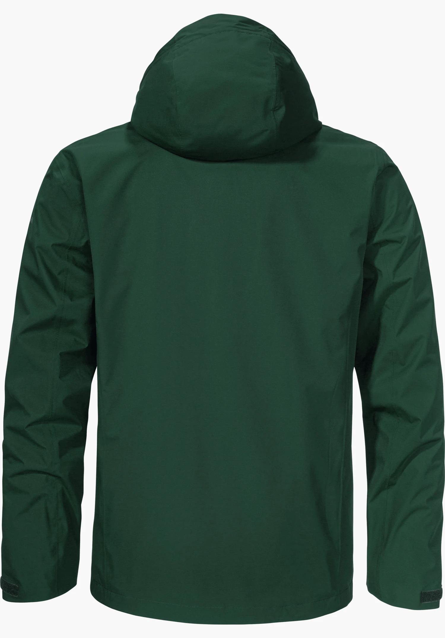 Jacket Gmund M Veste à capuche vert foncé, vue de dos; posée à plat avec capuche relevée et manches longues, matière semblant déperlante, fond clair neutre.
