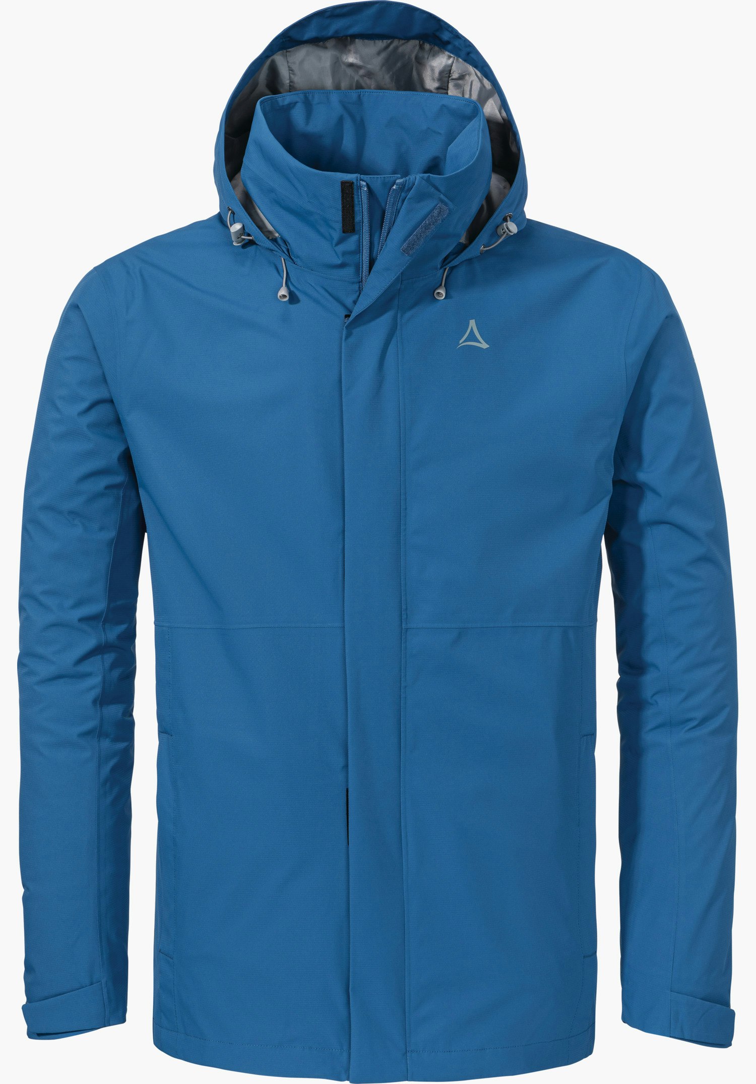Jacket Gmund M in Blau, mit Kapuze und Schöffel-Logo auf der linken Brust, freigestellt vor weißem Hintergrund.