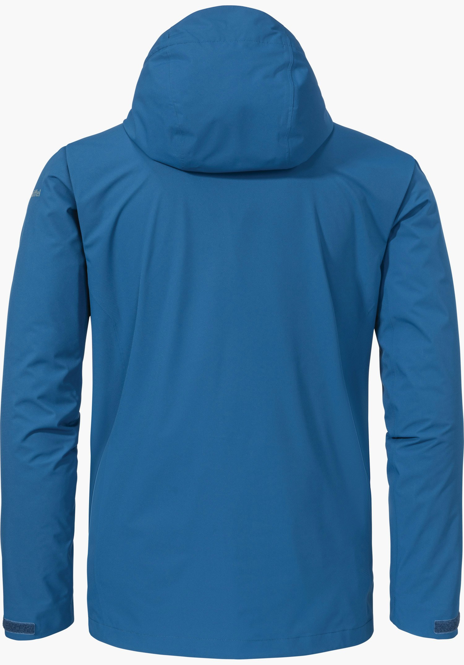 Jacket Gmund M in Blau zeigt die Rückenansicht mit Kapuze und Schöffel-Logo auf dem linken Ärmel, freigestellt vor weißem Hintergrund.