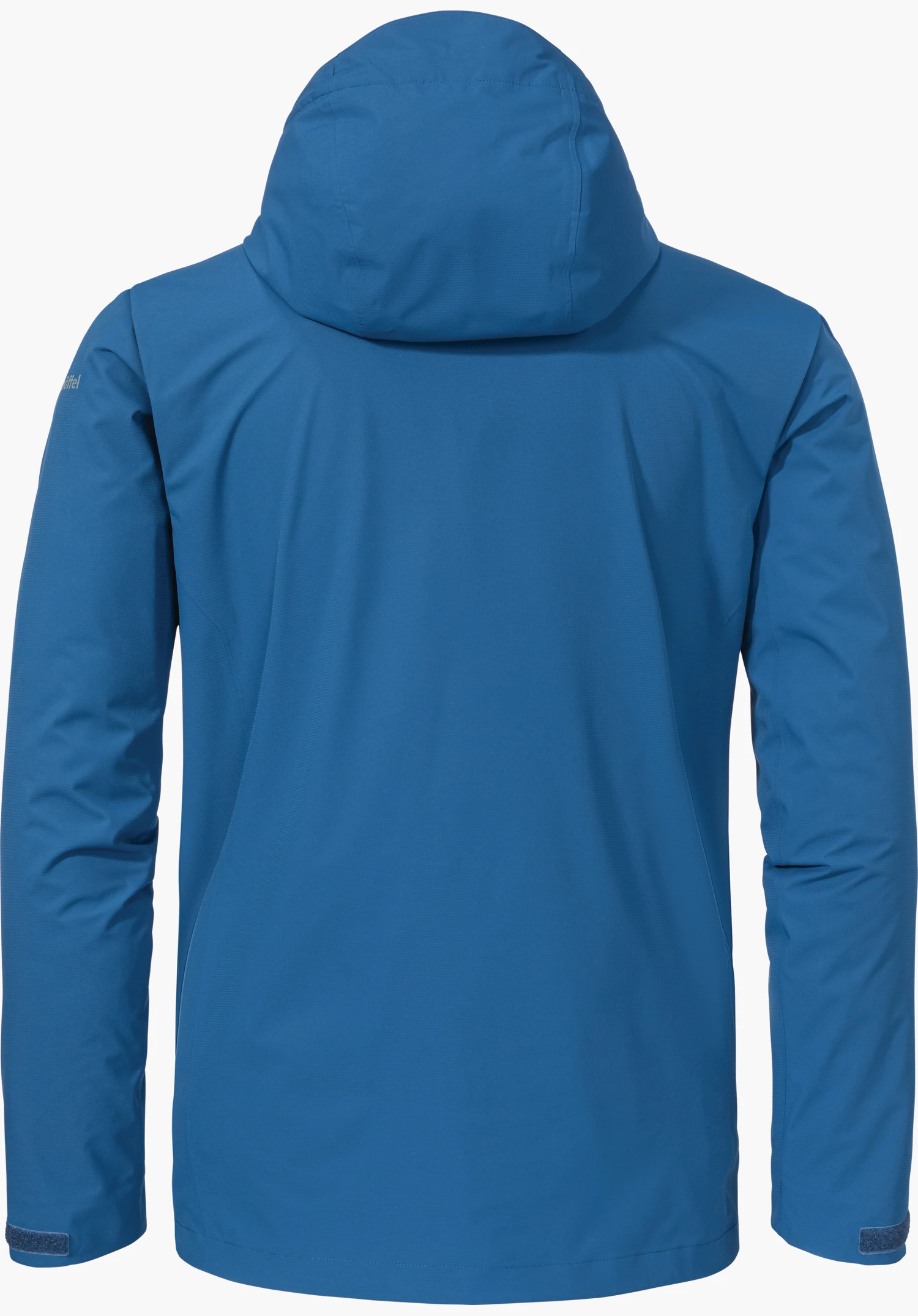 Jacket Gmund M in blue shows the back view with a hood and the Schöffel logo on the left sleeve, isolated on a white background.