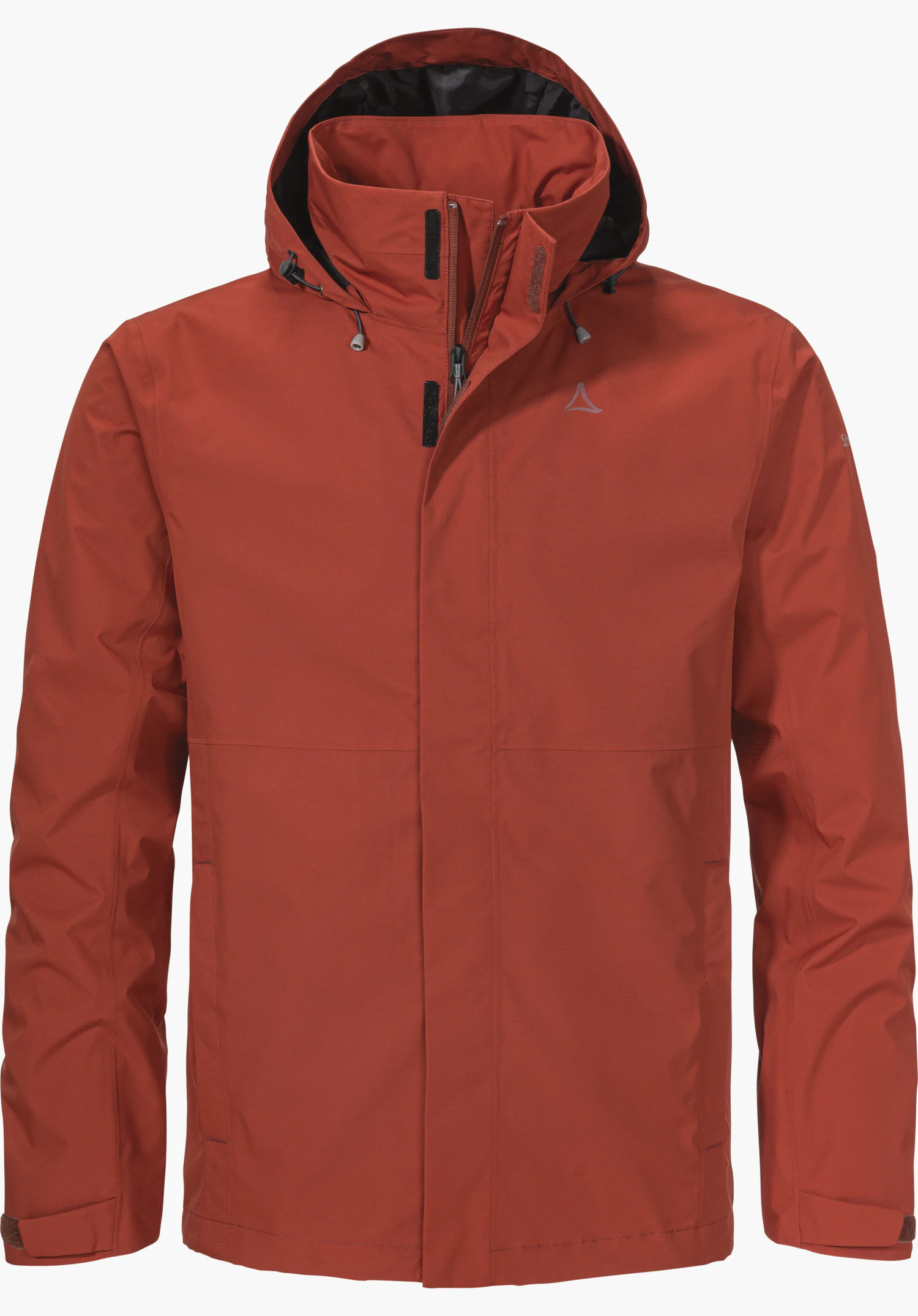 Jacket Gmund M veste de pluie rouge, présentée de face; zip fermé, capuche relevée; fond blanc neutre; petit logo Schöffel gris clair sur la poitrine gauche.