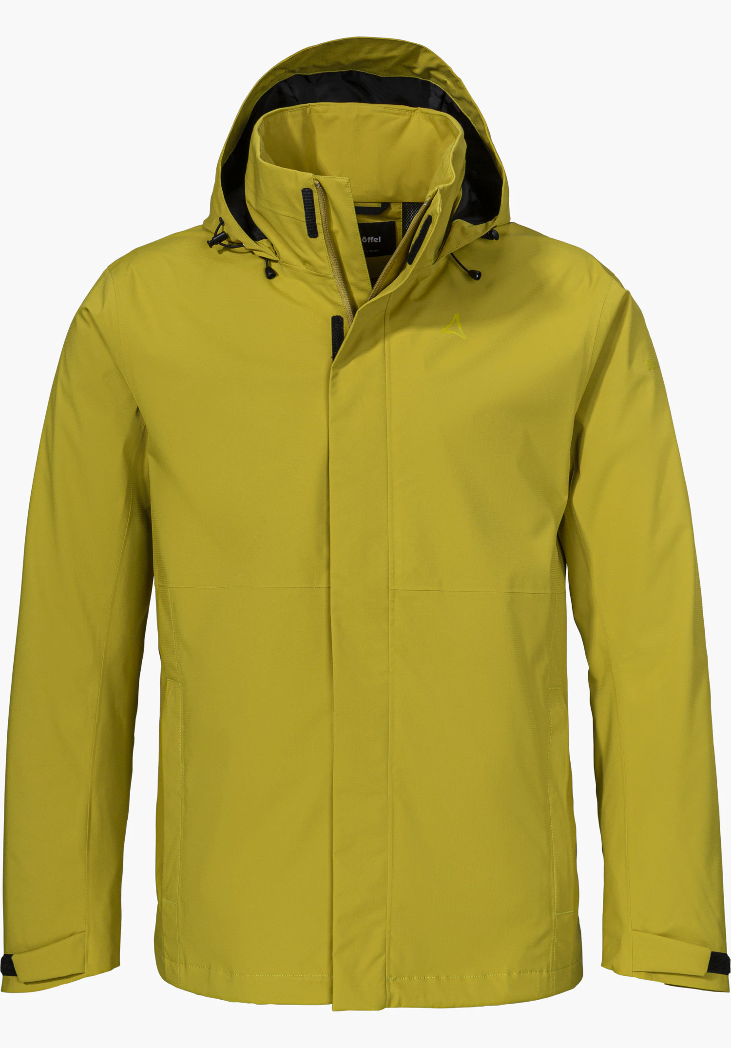 Jacket Gmund M in yellow, shown from the front with a hood, concealed zipper and visible Schöffel logo, isolated on a white background.