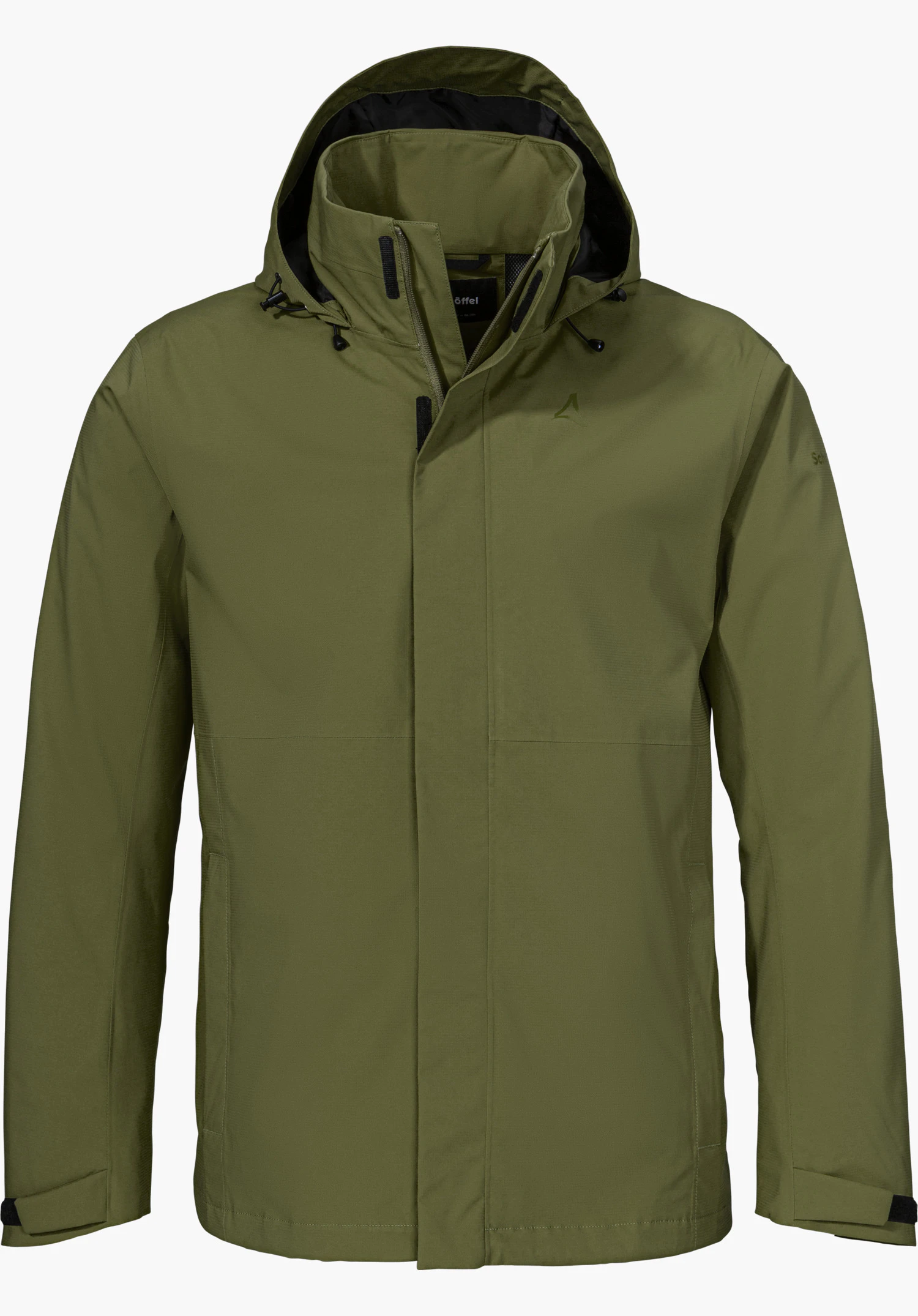 Jacket Gmund M in green, shown from the front with a hood, concealed zipper, Schöffel logo on the chest and Schöffel lettering on the collar, isolated on a white background.