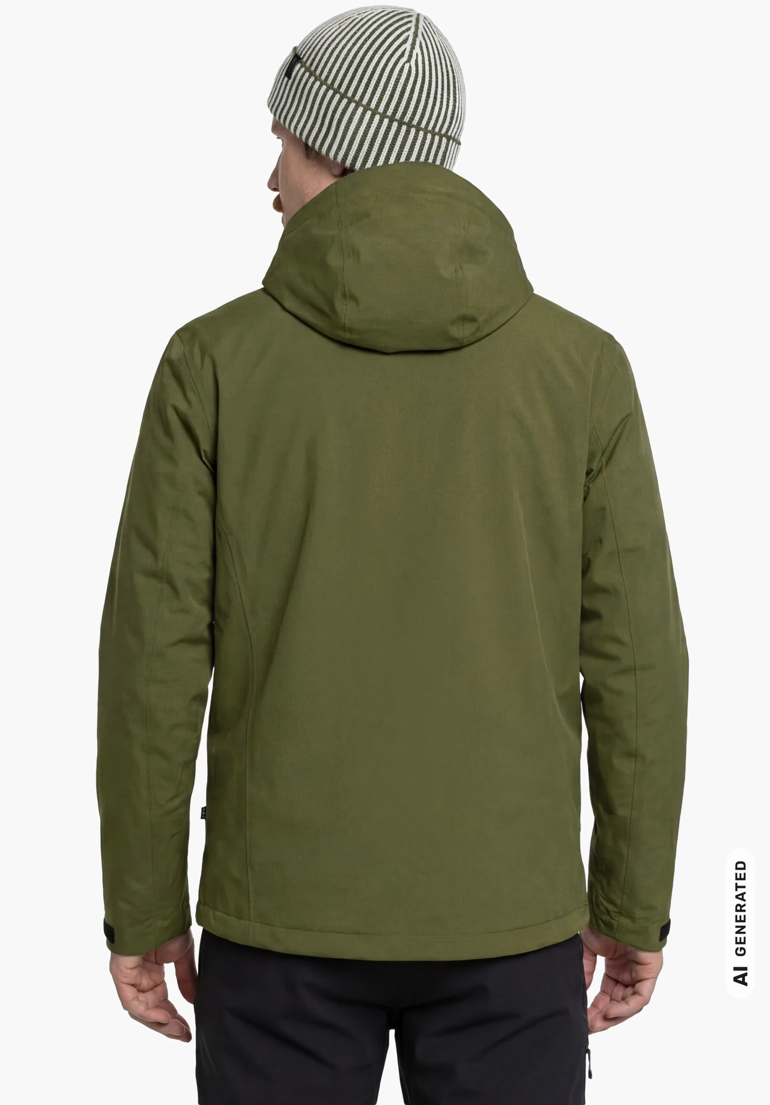 Jacket Gmund M in green, worn by a male model standing upright and shown from the back with the hood up against a white background. (AI-generated)