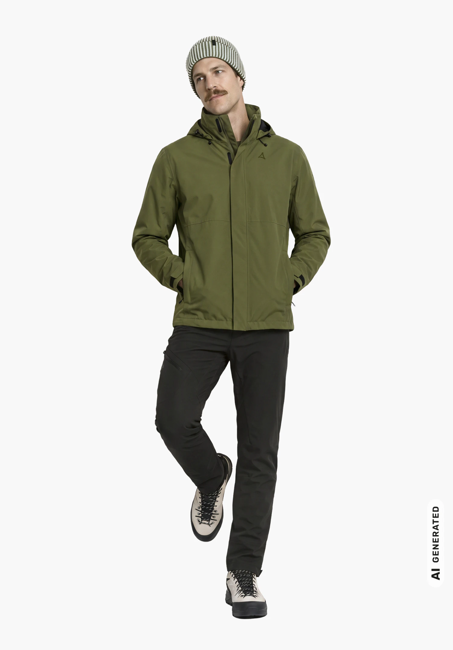 Jacket Gmund M in green with Schöffel logo, worn by a male model with hands in pockets in a side view against a white background. (AI-generated)