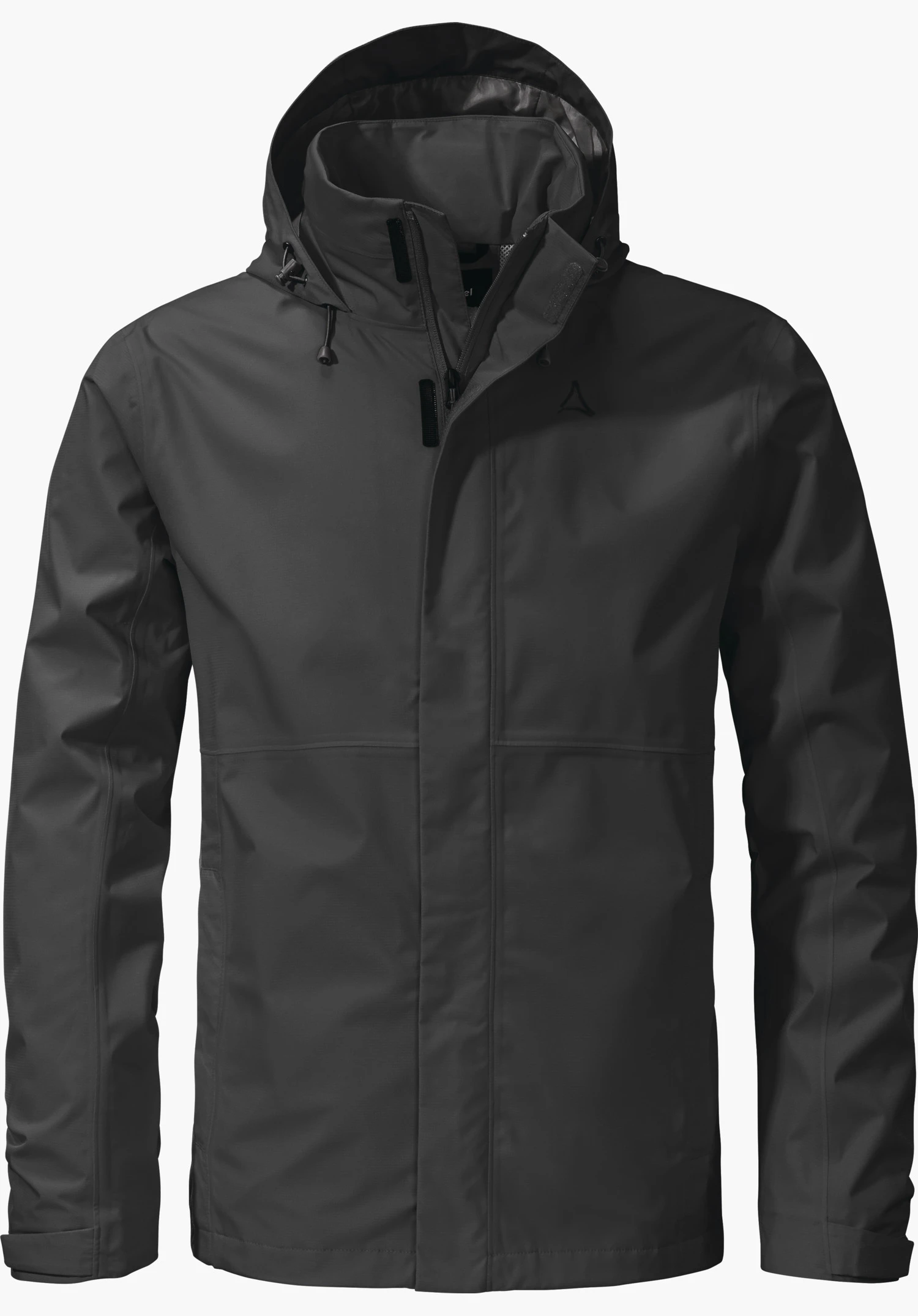 Jacket Gmund M black rain jacket, front closed with zip and hood; black Schöffel logo on the chest; front view, isolated on a white background.
