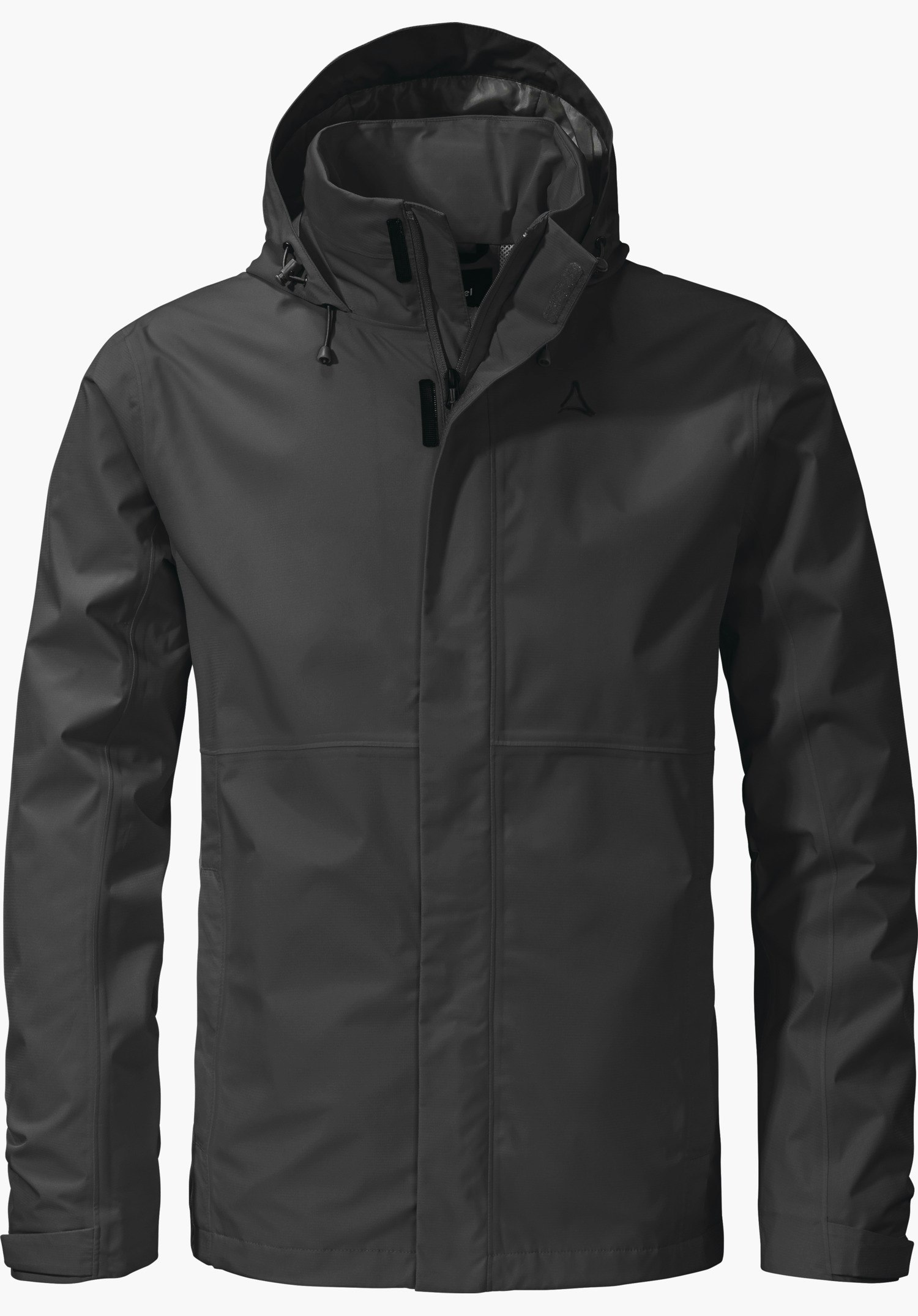 Jacket Gmund M black rain jacket, front closed with zip and hood; black Schöffel logo on the chest; front view, isolated on a white background.